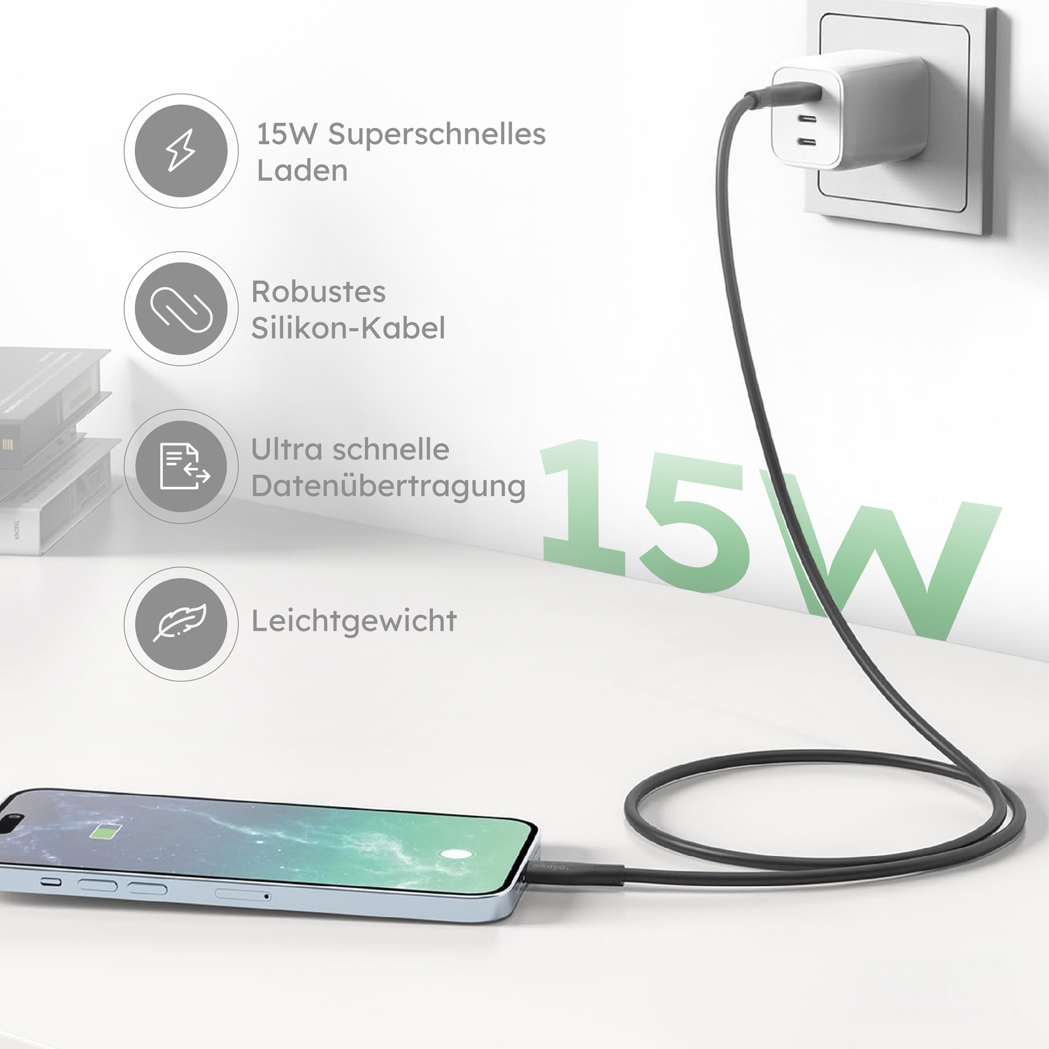 alkaya. | Speed Flex | Datenkabel | Silikon | USB C+L Schwarz, 1 Meter