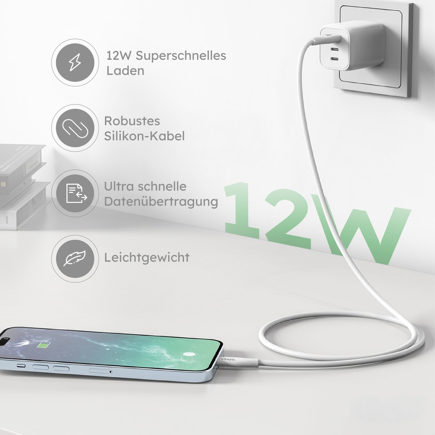 alkaya. | Speed Flex | Datenkabel | Silikon | USB A+L Weiß, 1 Meter