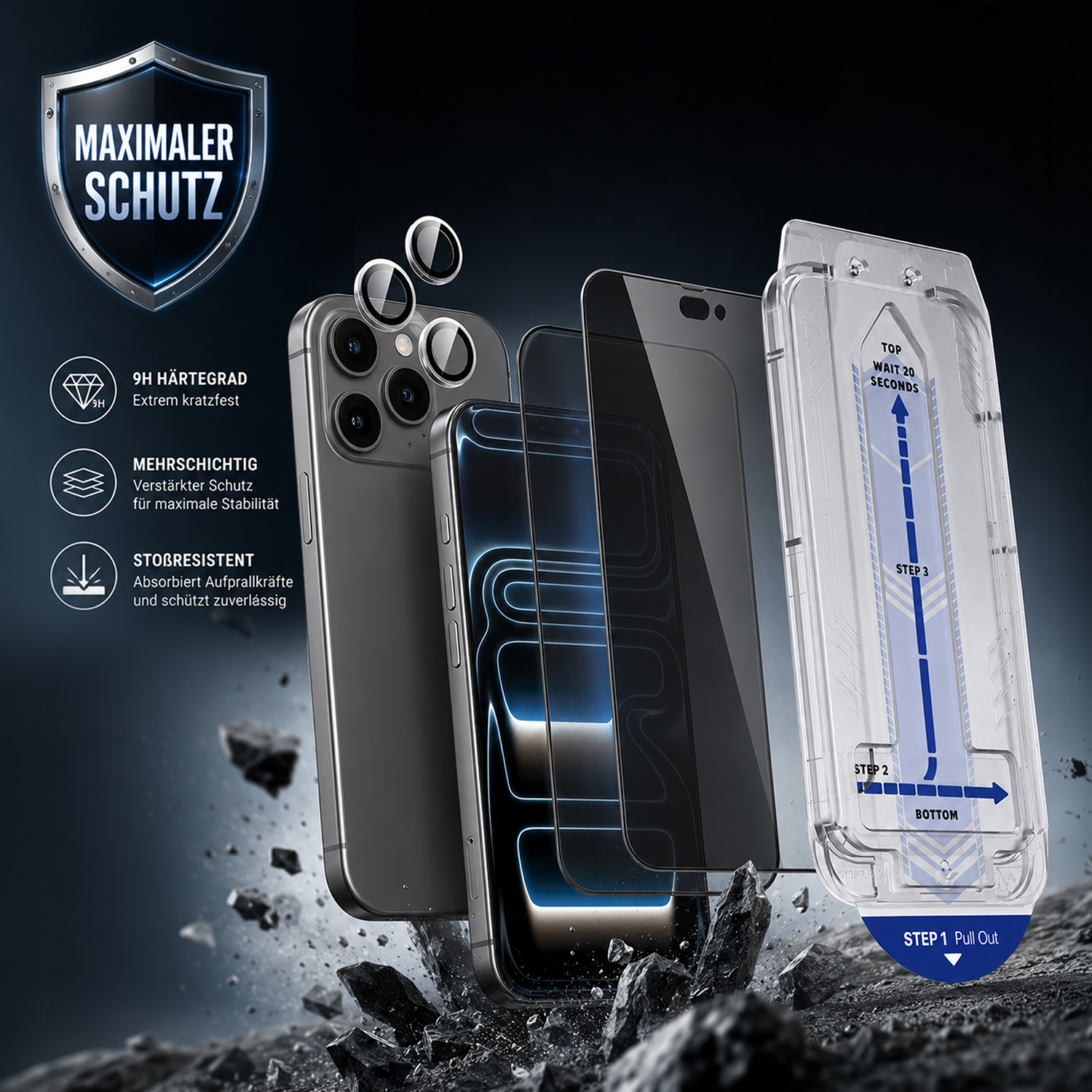 alkaya. | 2 In 1 A Shield | 2x Displayschutzglas mit Installation Kit + 1x Kameraschutzglas, privacy, iPhone 18 Pro Max