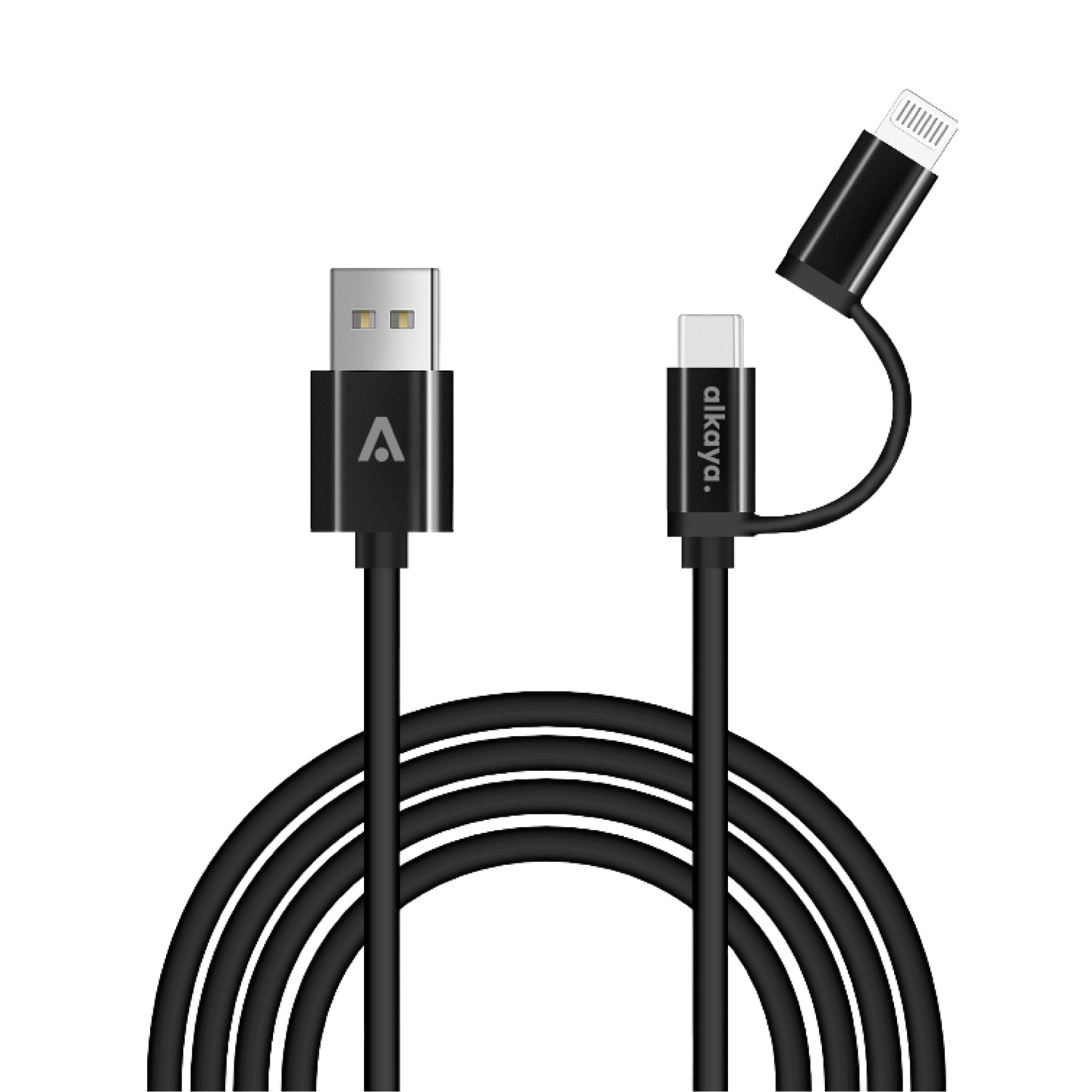alkaya. | Speed Flex | 2 in 1 Datenkabel | Hochglanz | USB A+C+L Schwarz, 1 Meter