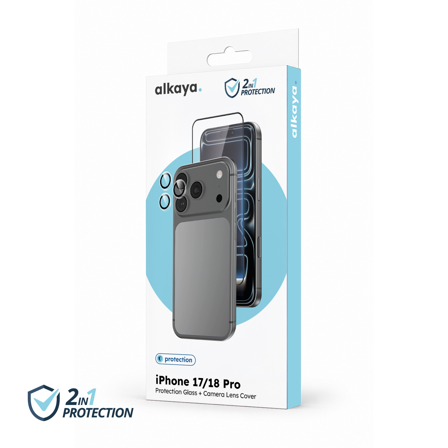 alkaya. | 2 In 1 A Shield | Displayschutzglas + Kameraschutzglas transparent, iPhone 17Pro/18 Pro