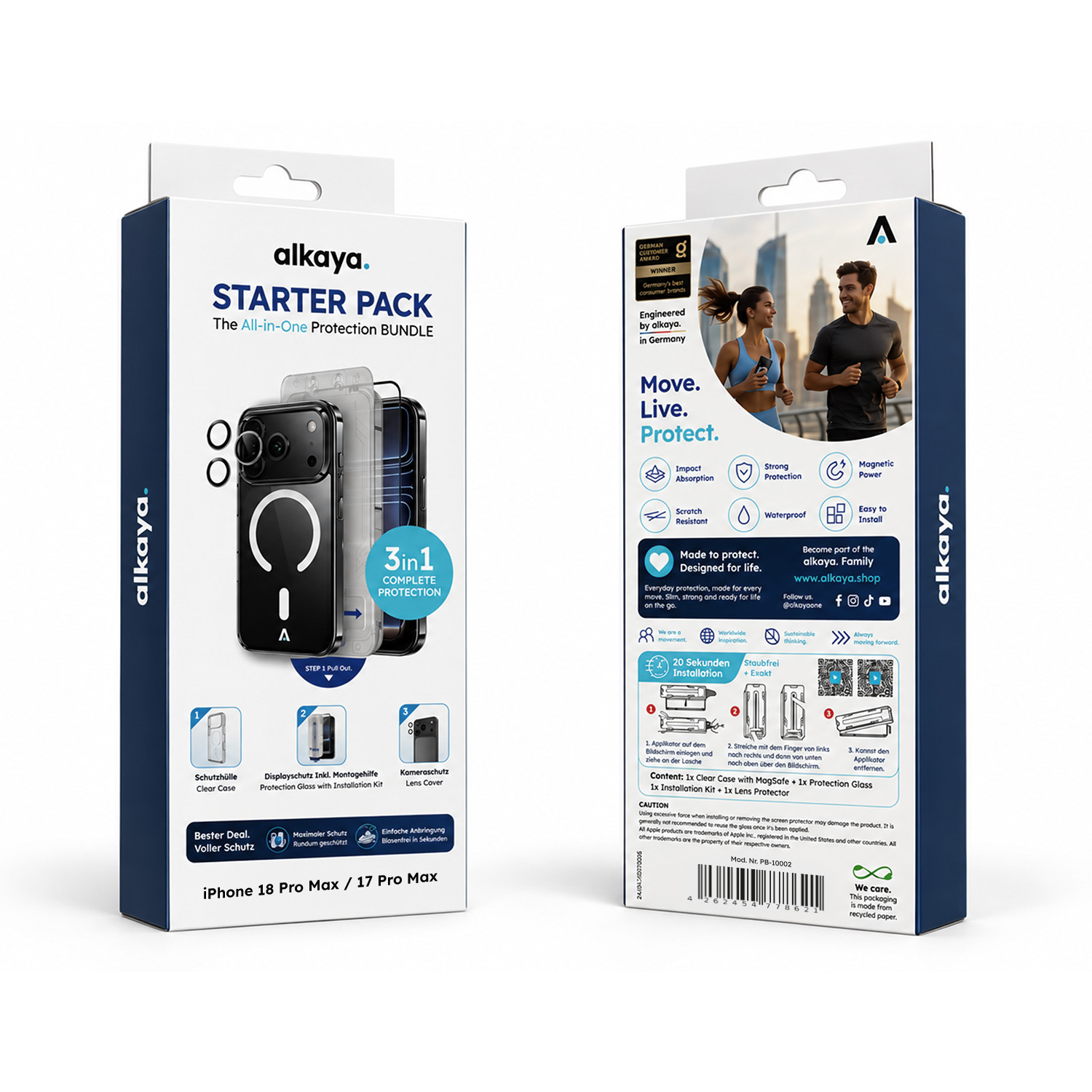 alkaya. | 3 In 1 A Shield | Clear Case + Displayschutzglas + Installation Kit + Kamerasschutz transparent, iPhone 18 Pro Max