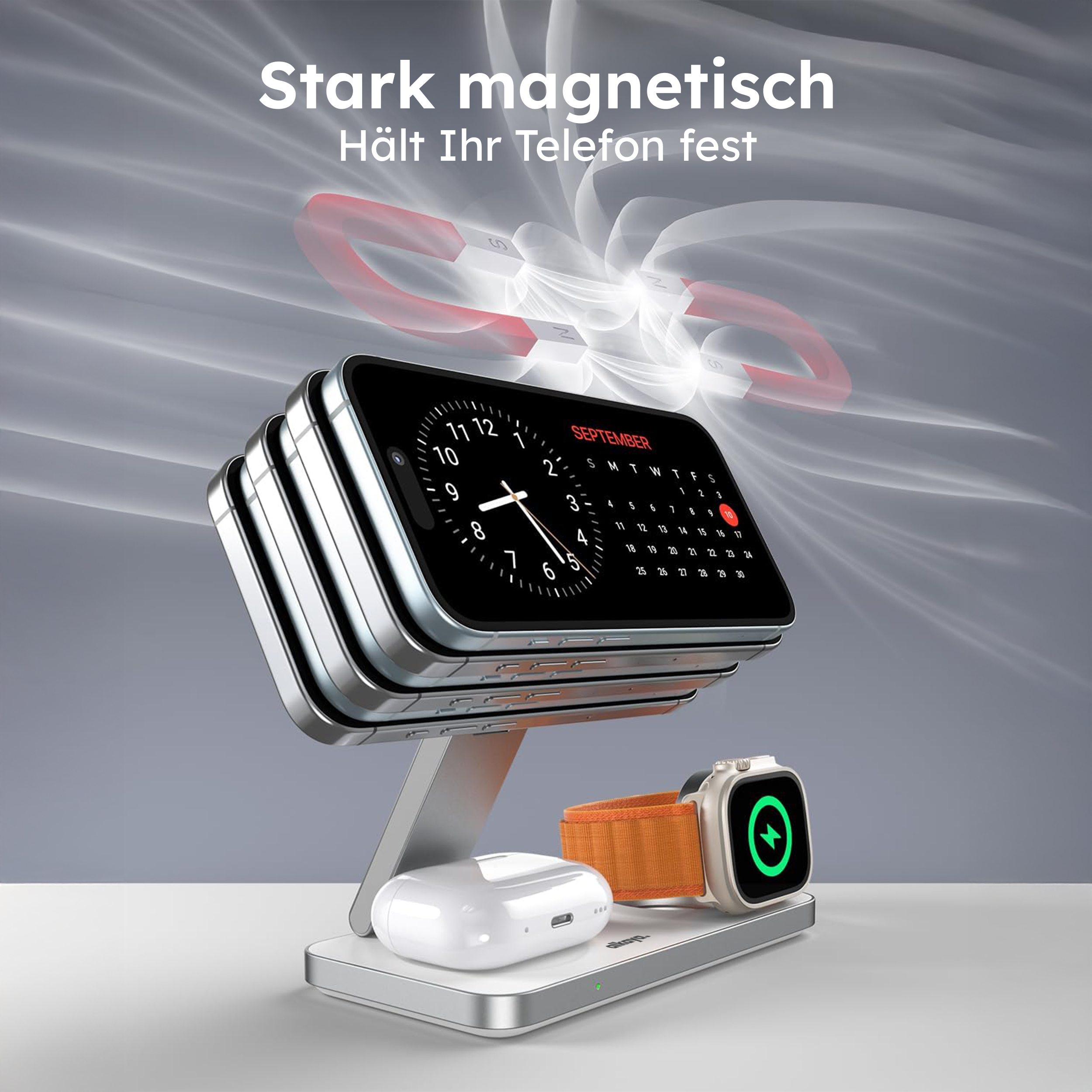 alkaya. | Tripod Wireless Ladestation - 3 in 1 | (Phone, Watch, Headset), White