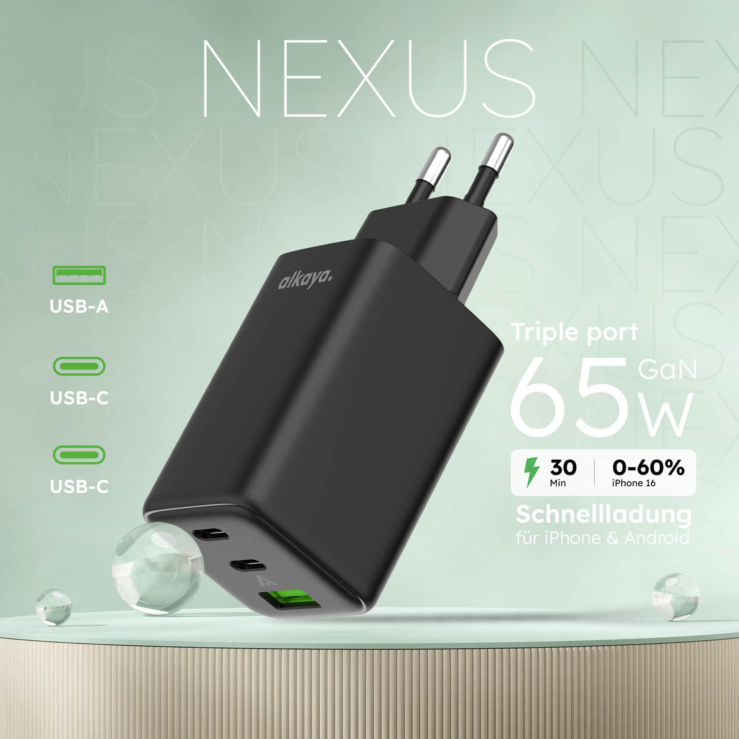 alkaya. | NEXUS | Ladegerät mit GaN Technologie | 65W Schwarz, USB C+C+A