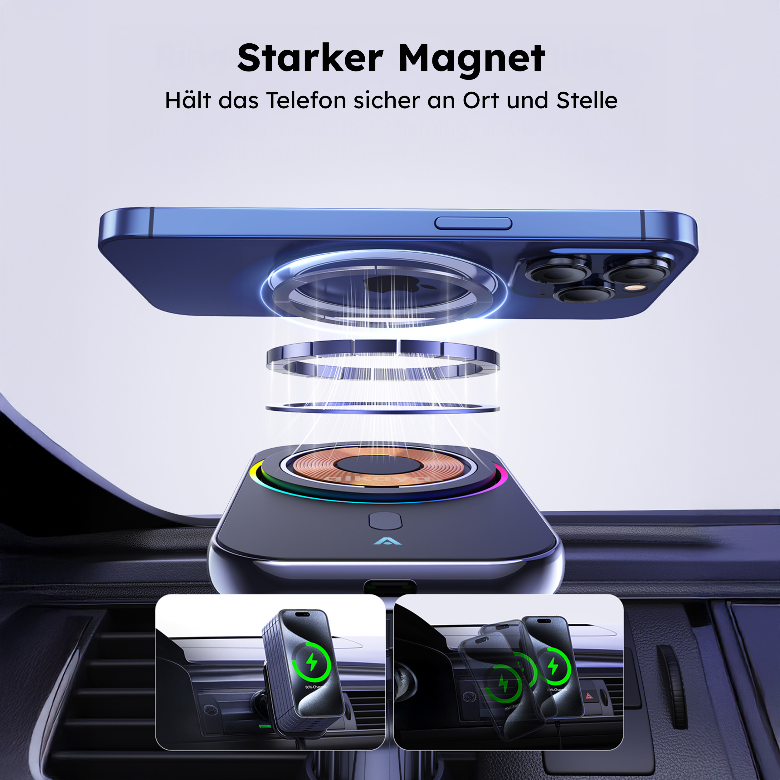 alkaya. | Breeze | Wireless KFZ Ladegerät kompatibel mit Magsafe, QI2, schwarz