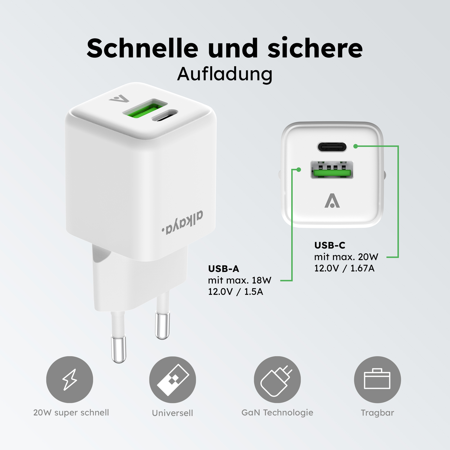 alkaya. | NEXUS | Ladegerät mit GaN Technologie | 20W Weiß, USB C+A