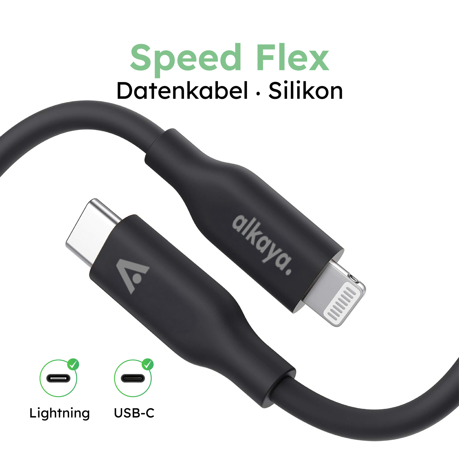 alkaya. | Speed Flex | Datenkabel | Silikon | USB C+L Schwarz, 1 Meter