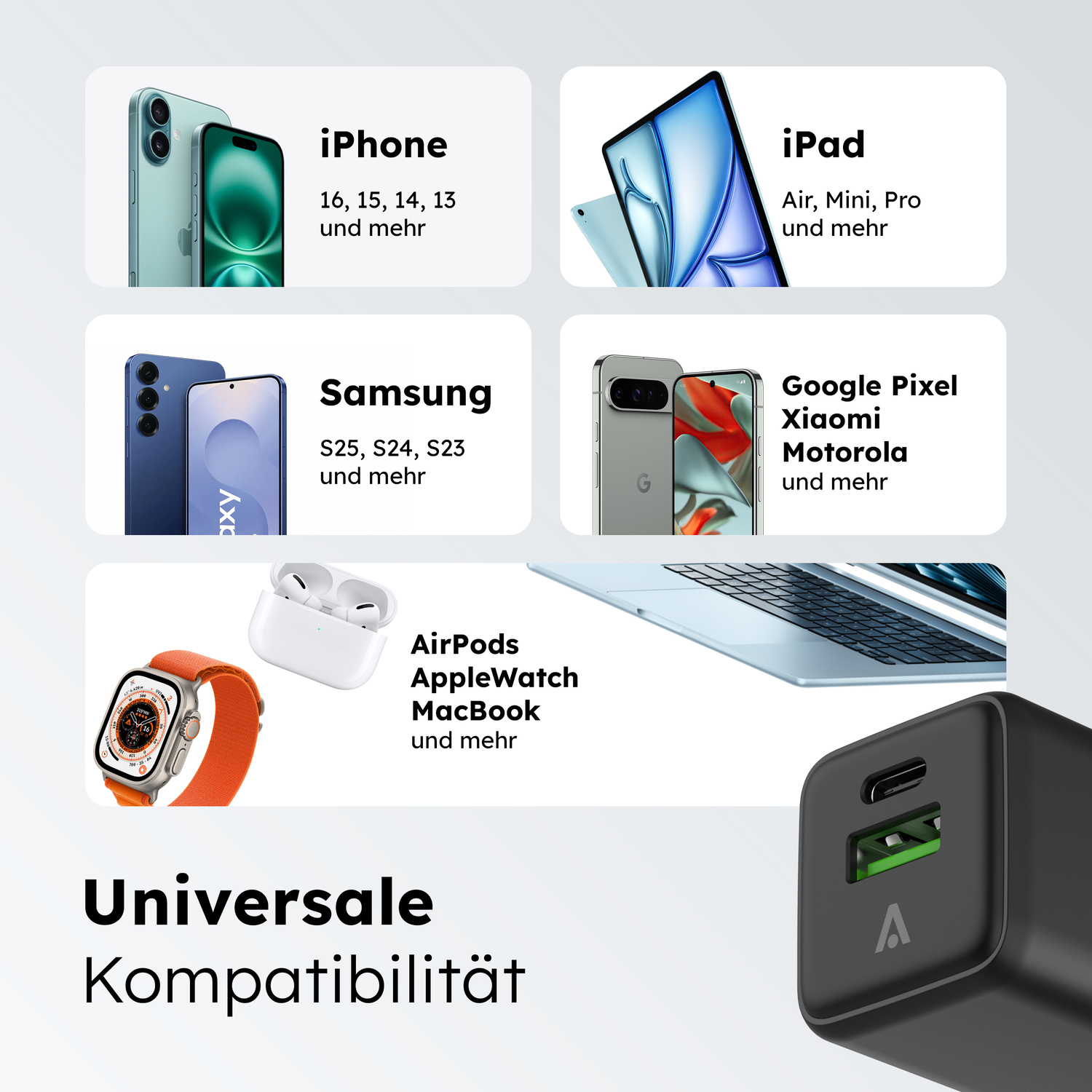 alkaya. | NEXUS | Ladegerät mit GaN Technologie | 20W Schwarz, USB C+A