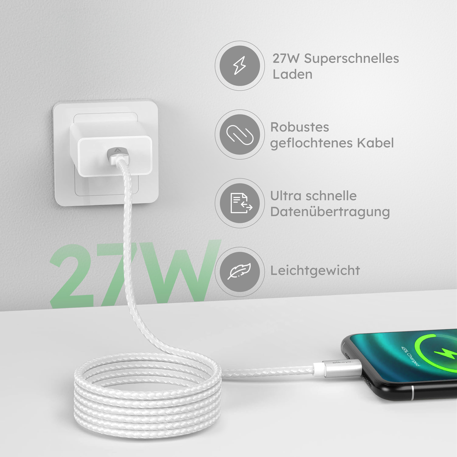 alkaya. | Speed Flex | Datenkabel | Geflochten | USB C+L 2m, Weiß