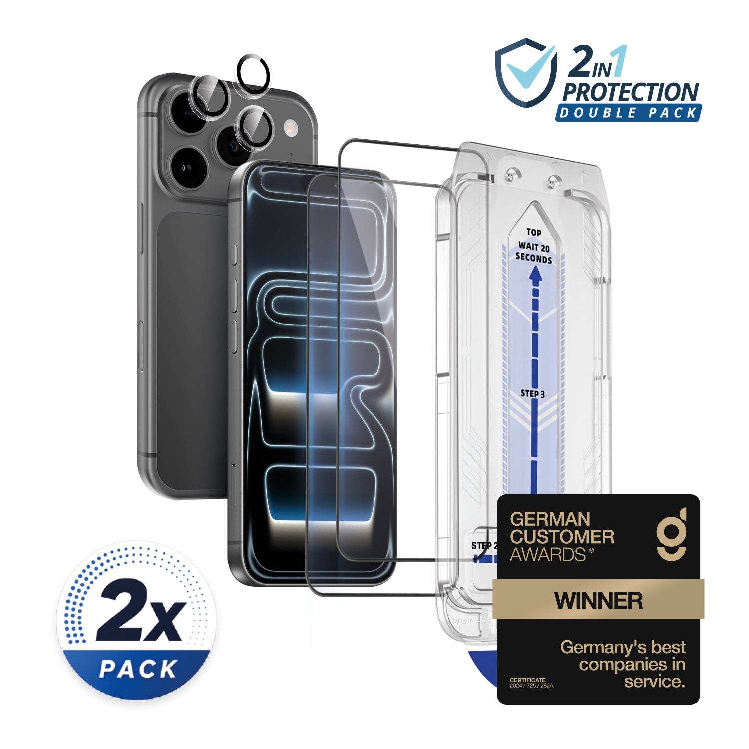 alkaya. | 2 In 1 A Shield | 2x Displayschutzglas mit Installation Kit + 1x Kameraschutzglas, transparent, iPhone 18 Pro Max