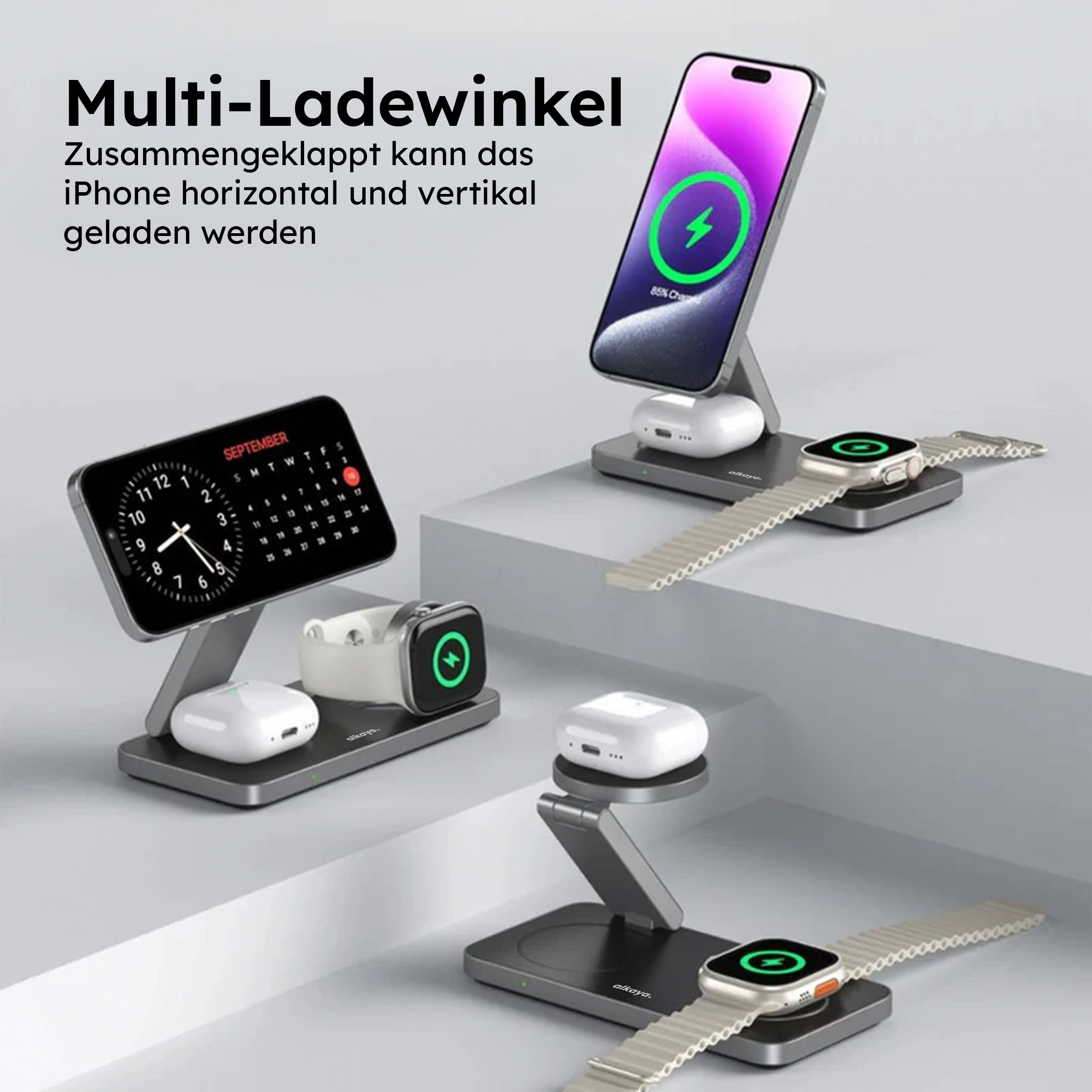 alkaya. | Tripod Wireless Ladestation - 3 in 1 | (Phone, Watch, Headset), Black
