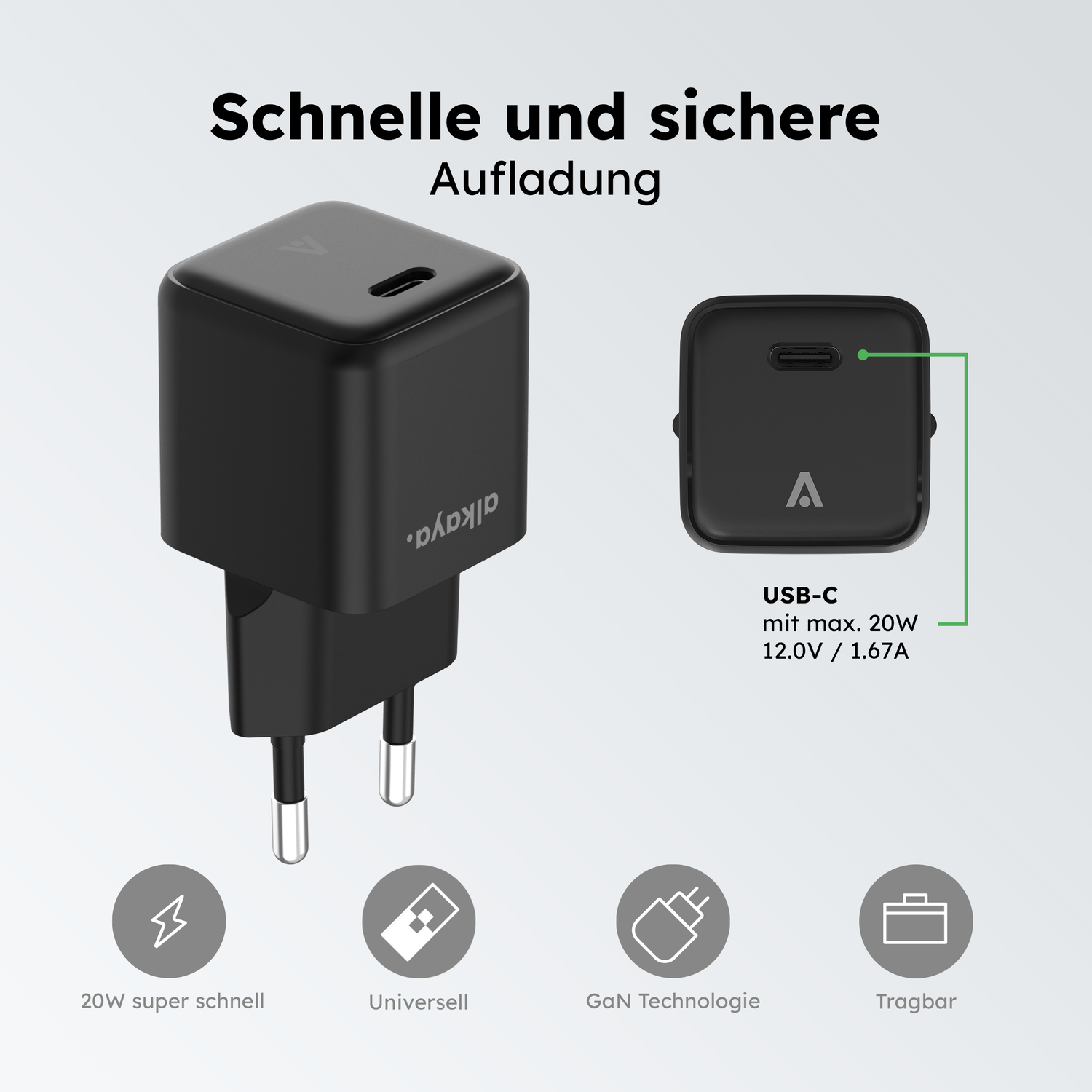 alkaya. | NEXUS | Ladegerät mit GaN Technologie | 20W Schwarz, USB C