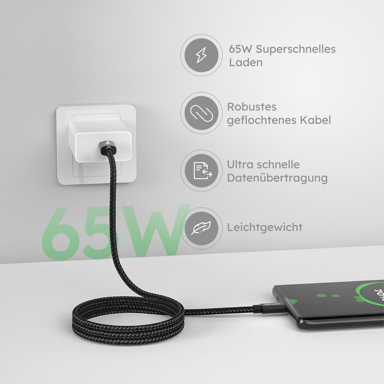 alkaya. | Speed Flex | Datenkabel | Geflochten | USB C+C schwarz, 1Meter