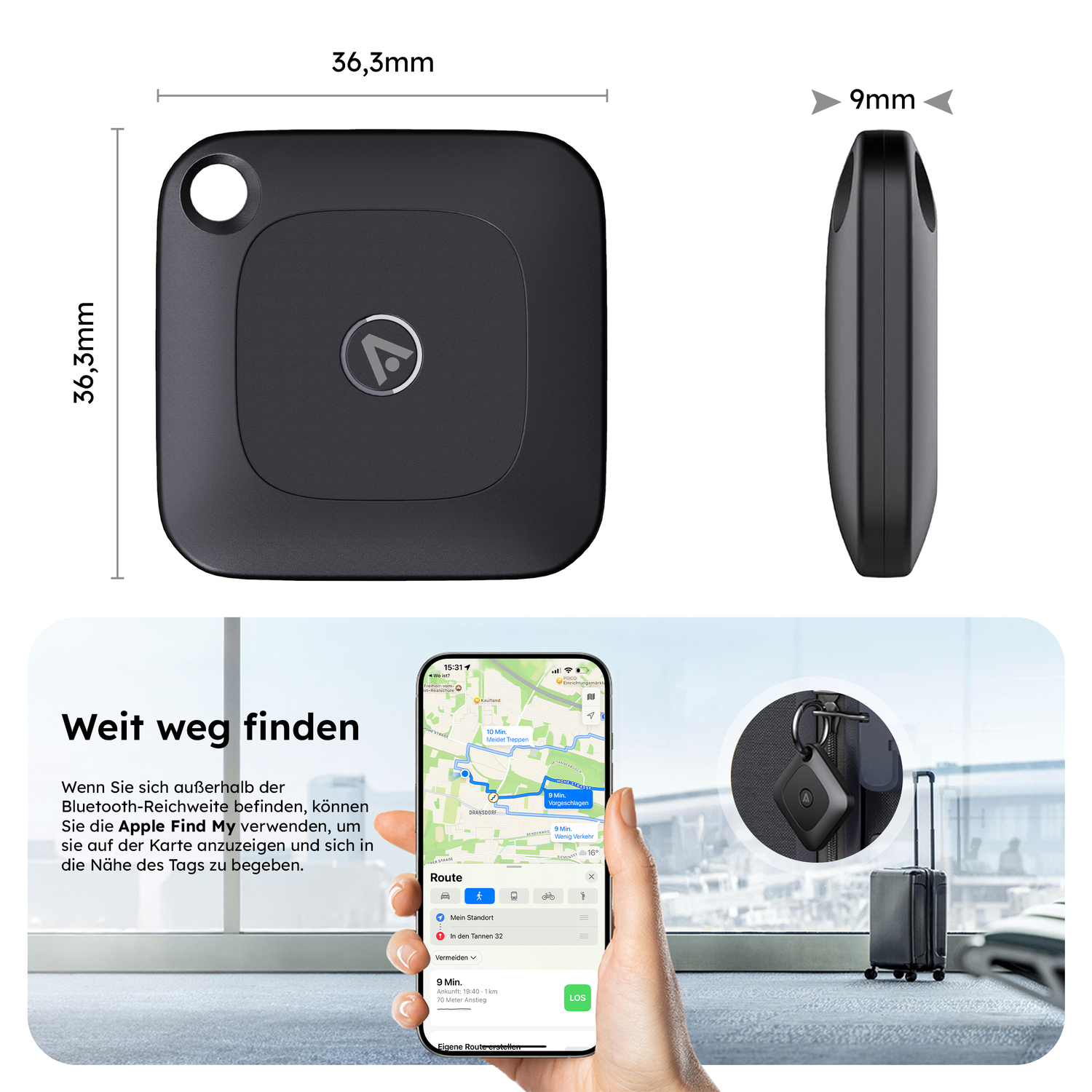 alkaya. | A Tag | GPS Tracker | Bluetooth Tracker | Kompatibel für Apple \Find my\ Schwarz