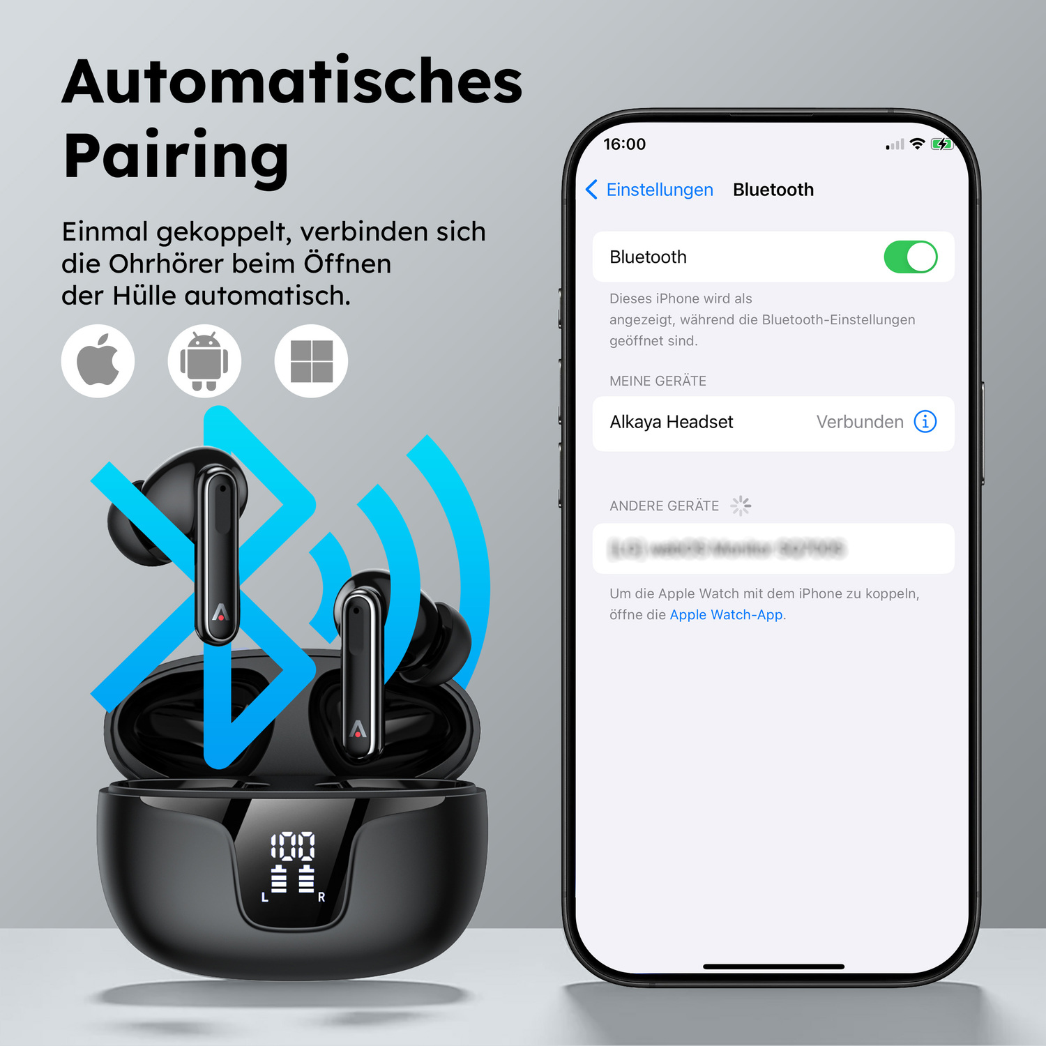 alkaya. | A Buds Quantum Sound | Bluetooth Kopfhörer | Display mit Ladestatus Schwarz