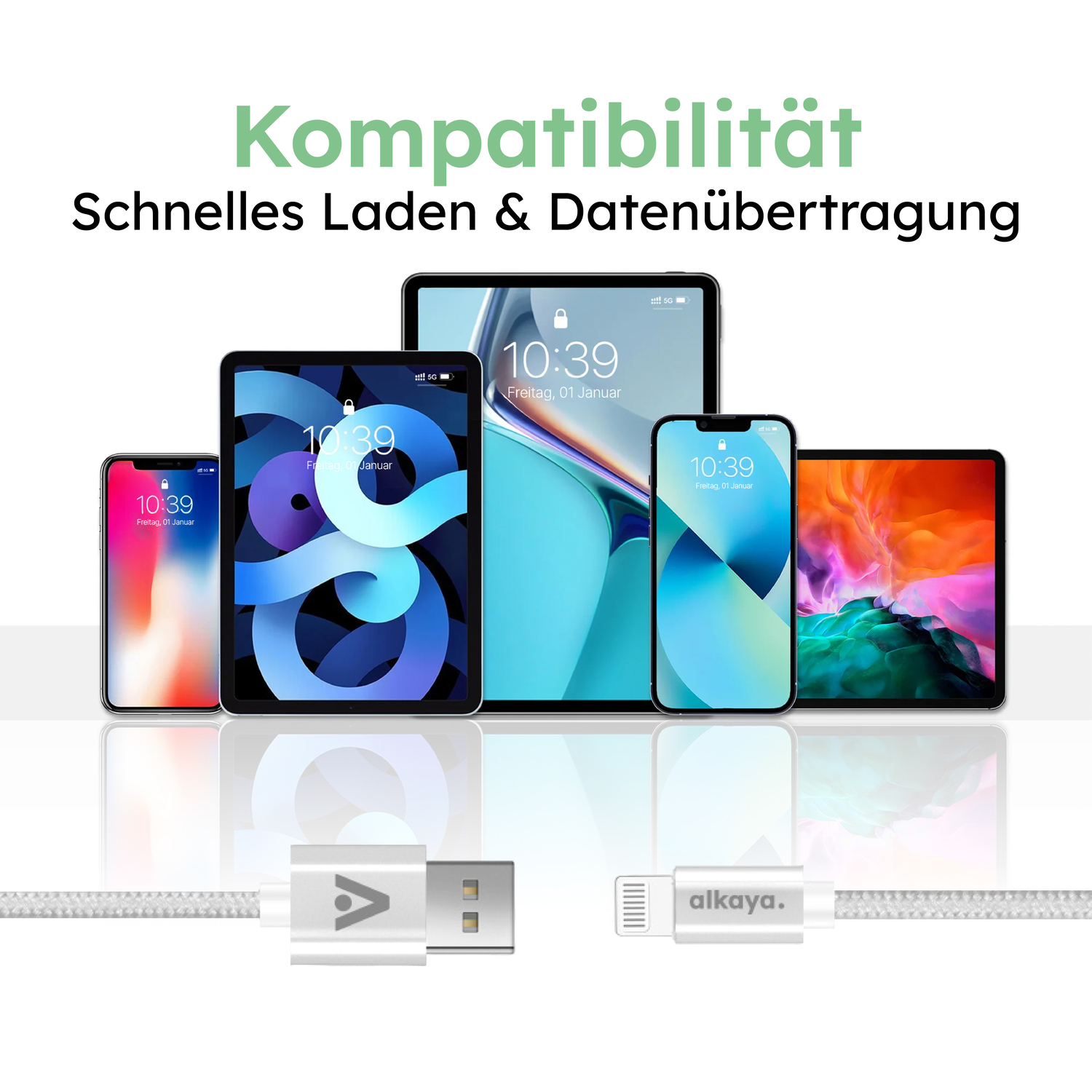 alkaya. | Speed Flex | Datenkabel | Geflochten | USB A+L Weiß, 1 Meter