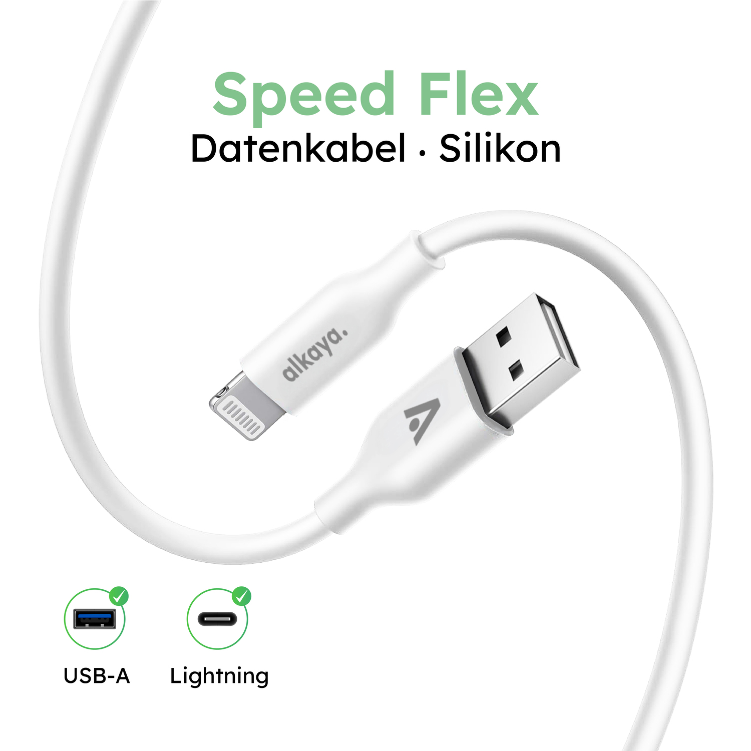 alkaya. | Speed Flex | Datenkabel | Silikon | USB A+L Weiß, 1 Meter