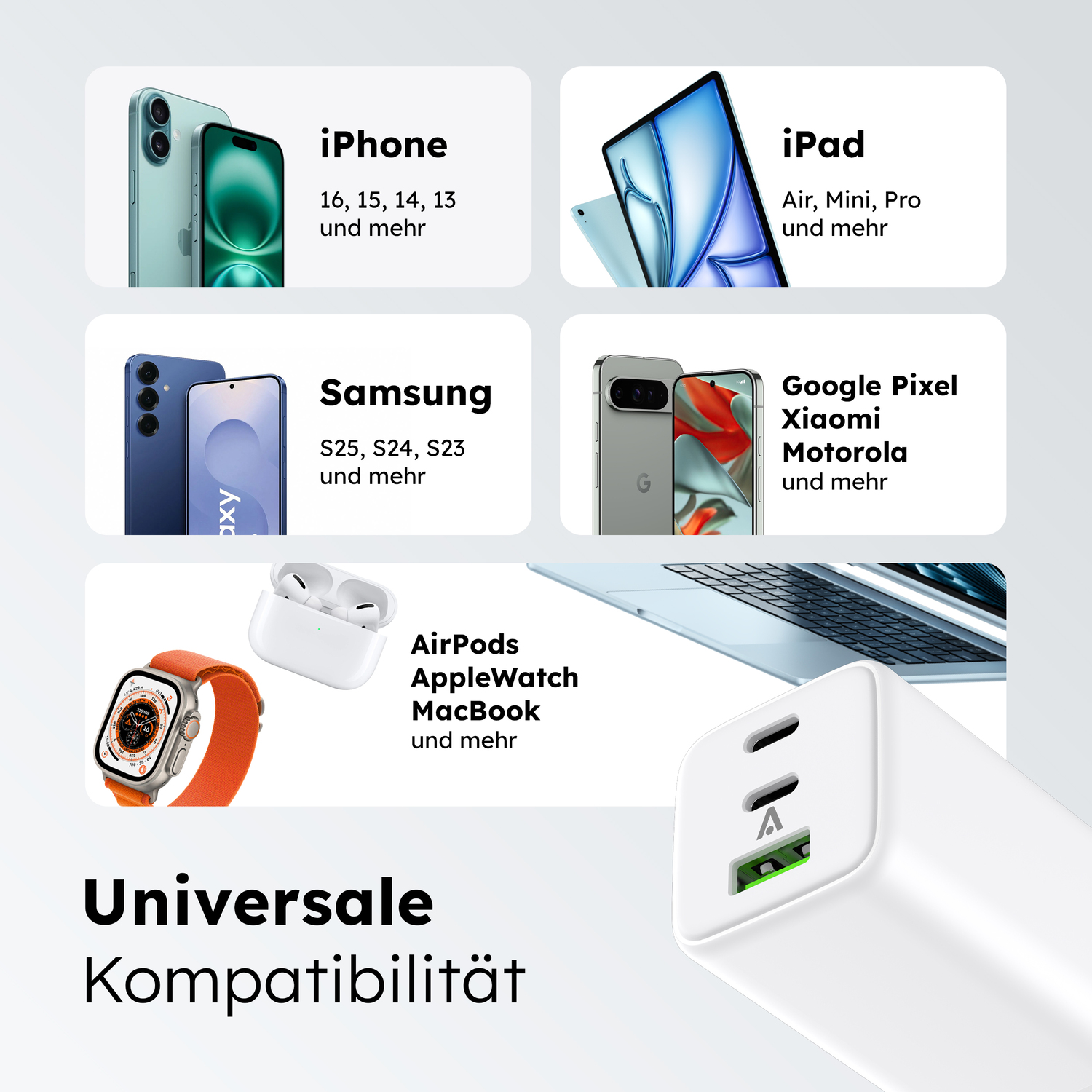 alkaya. | NEXUS | Ladegerät mit GaN Technologie | 65W Weiß, USB C+C+A