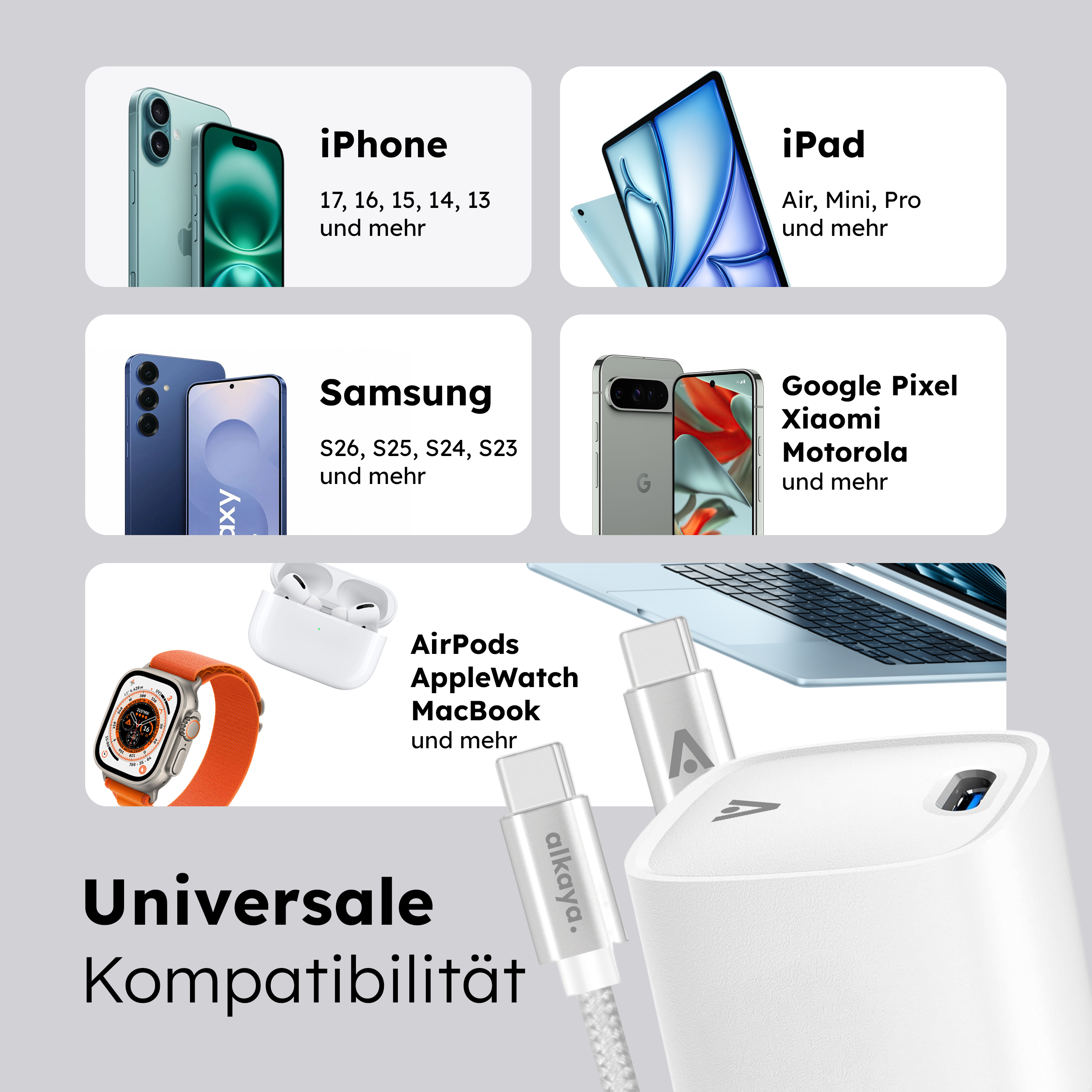 alkaya. | NEXUS Speed Flex | Charger Set | 20 Watt USB C/C Universal Kompatibilität, weiß