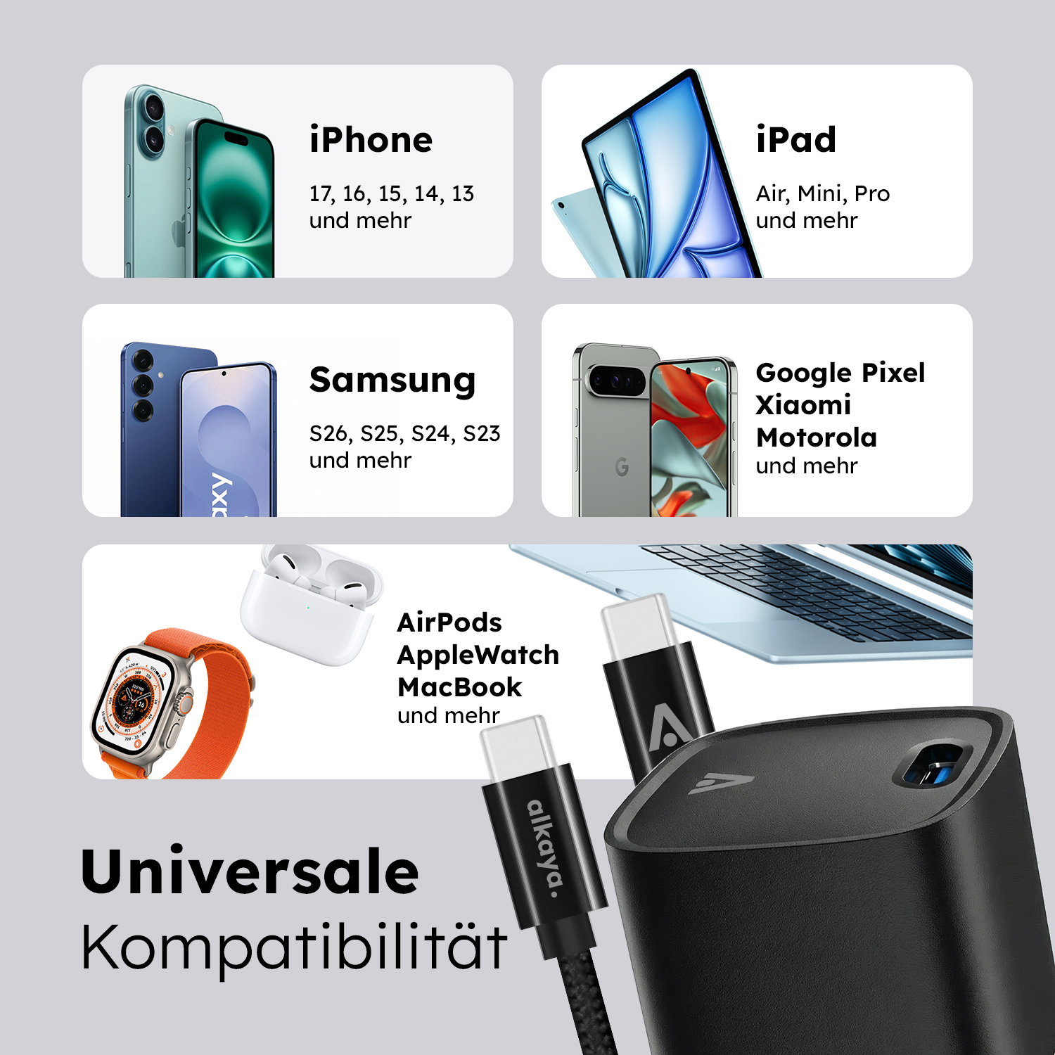 alkaya. | NEXUS Speed Flex | Charger Set | 20 Watt USB C/C Universal Kompatibilität, schwarz