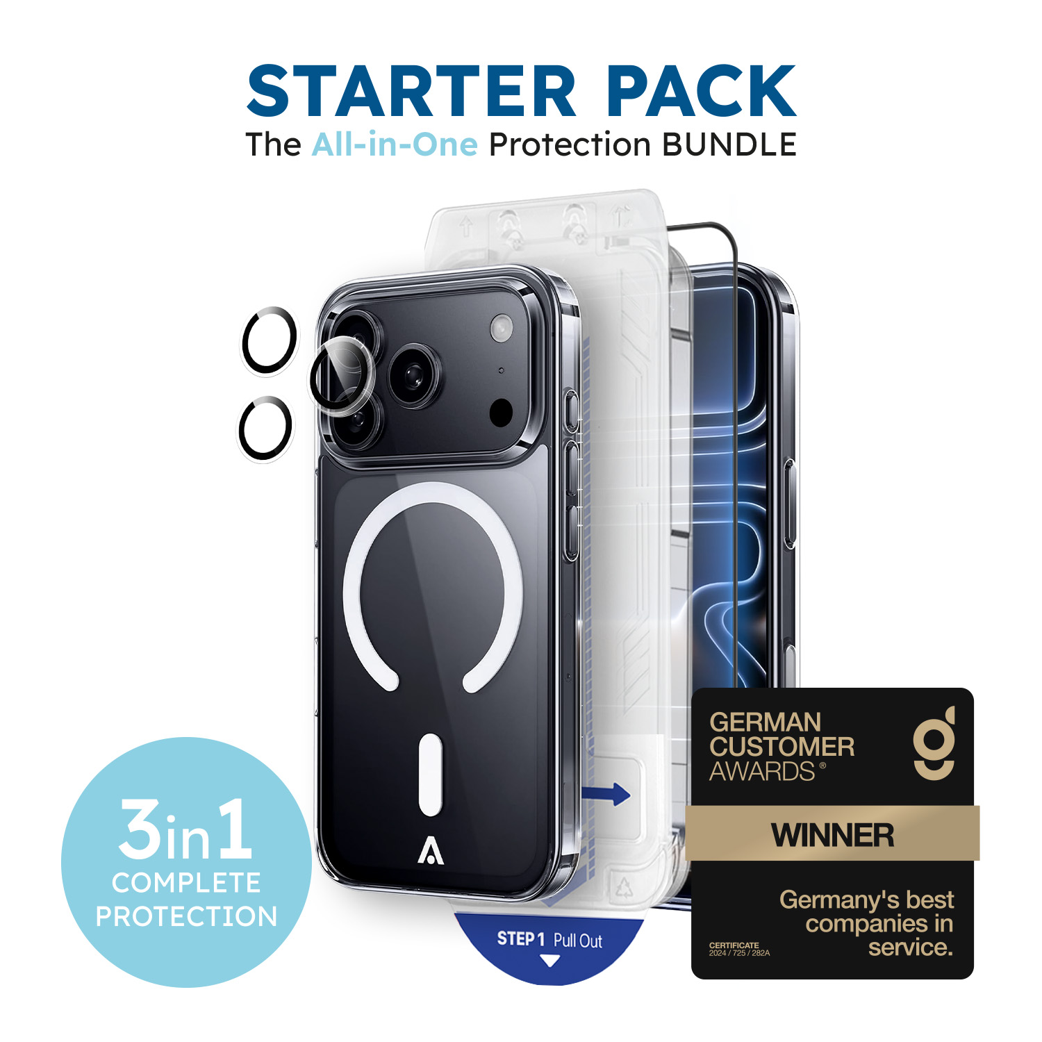 alkaya. | 3 In 1 A Shield | Clear Case + Displayschutzglas + Installation Kit + Kamerasschutzglas transparent, iPhone 18 Pro