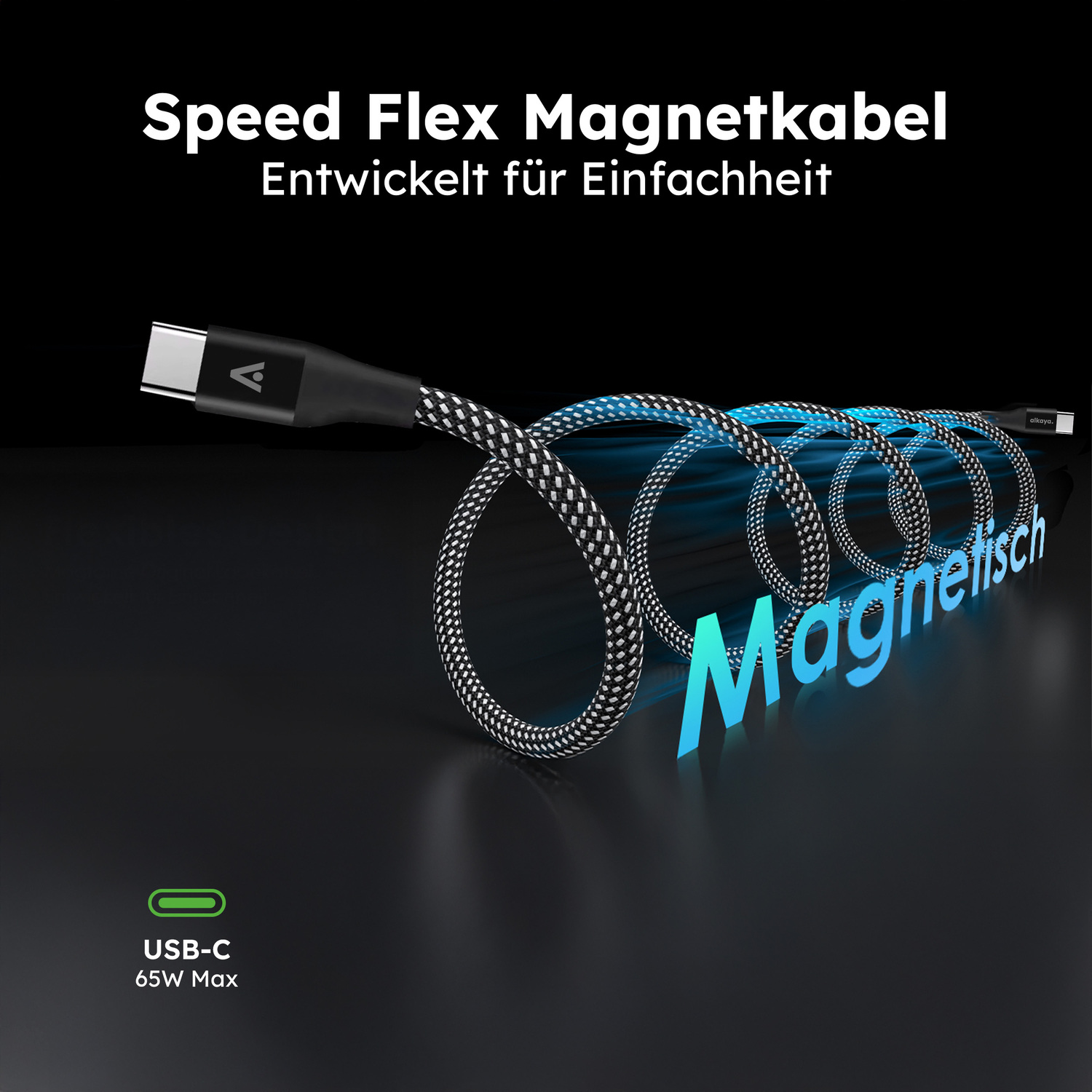 alkaya. | Speed Flex | Magnetisches Datenkabel | Geflochten | USB C+C, schwarz, 1 Meter