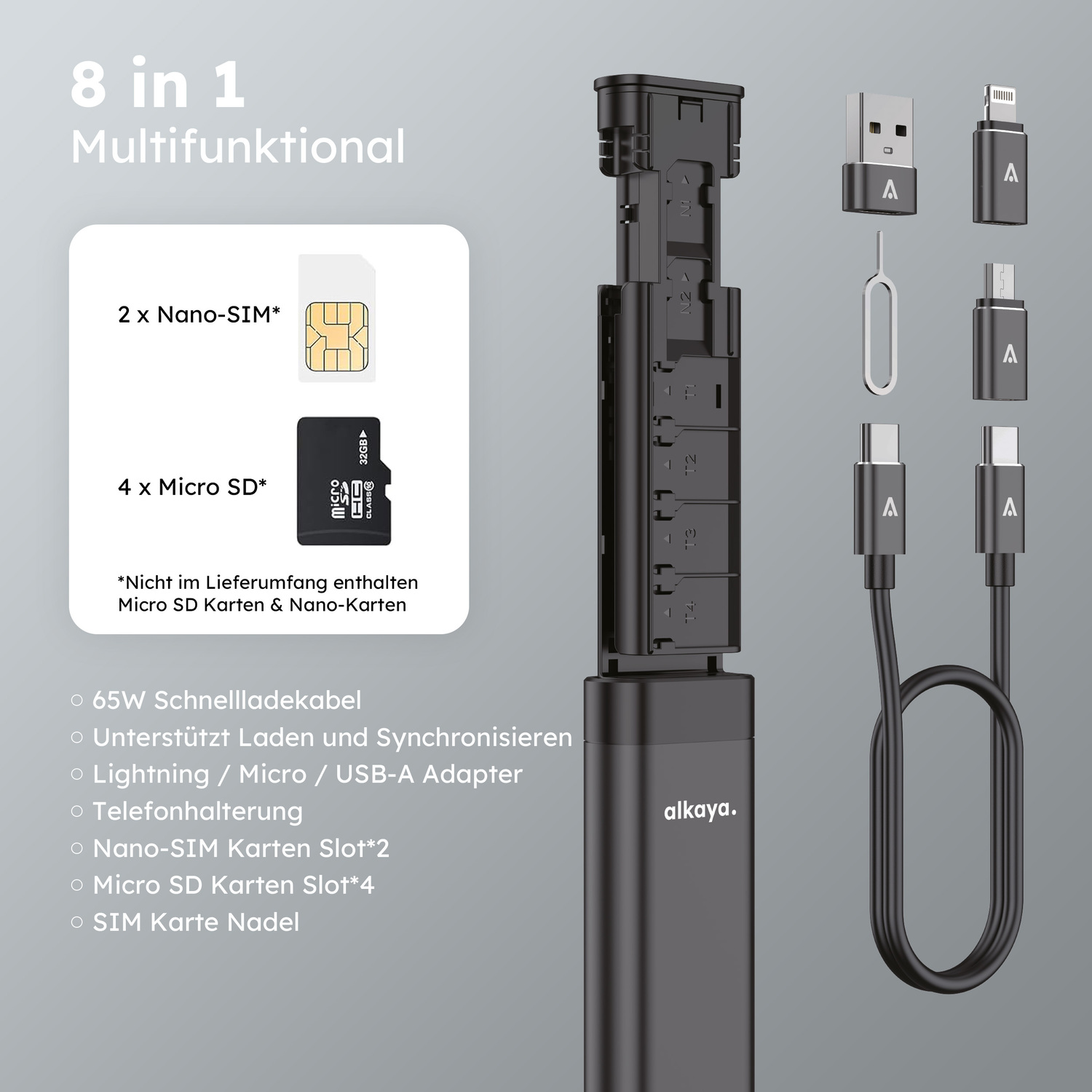 alkaya. | Venture | Travel Kit - Aluminium Gehäuse mit Kabel und Adaptern für alle Anschlüsse inkl Stand