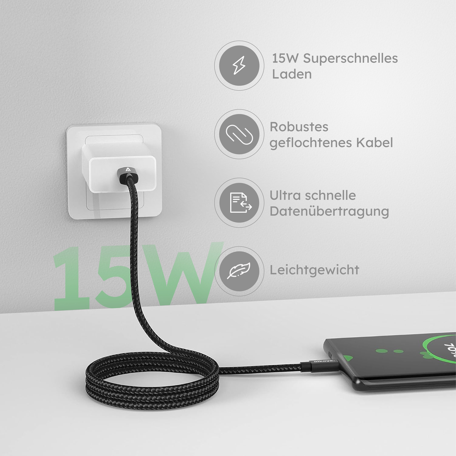 alkaya. | Speed Flex | Datenkabel | Geflochten | USB C+L schwarz, 1Meter