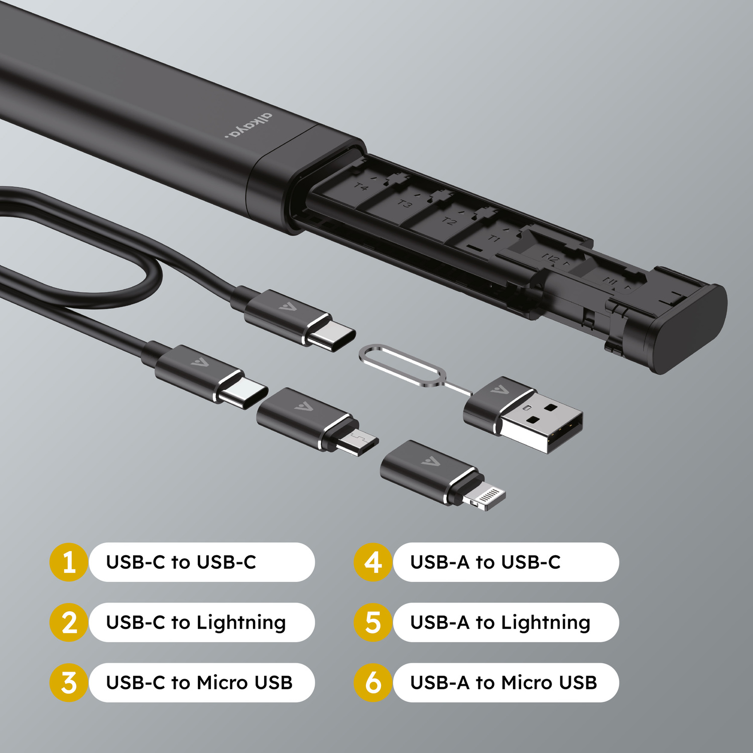 alkaya. | Venture | Travel Kit - Aluminium Gehäuse mit Kabel und Adaptern für alle Anschlüsse inkl Stand