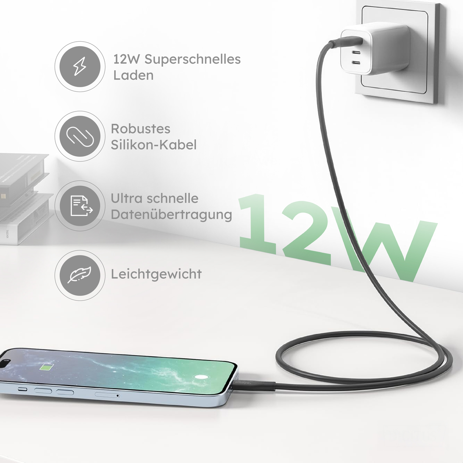 alkaya. | Speed Flex | Datenkabel | Silikon | USB A+L Schwarz, 1 Meter