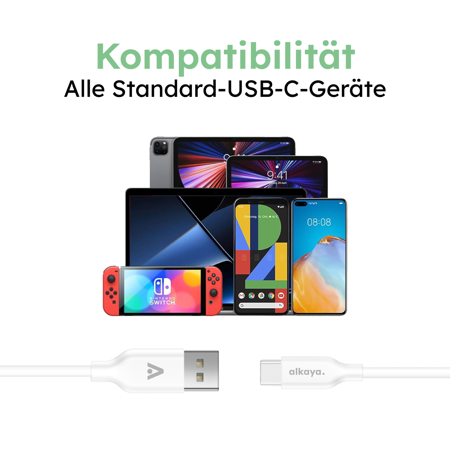 alkaya. | Speed Flex | Datenkabel | Silikon | USB A+C Weiß, 1 Meter