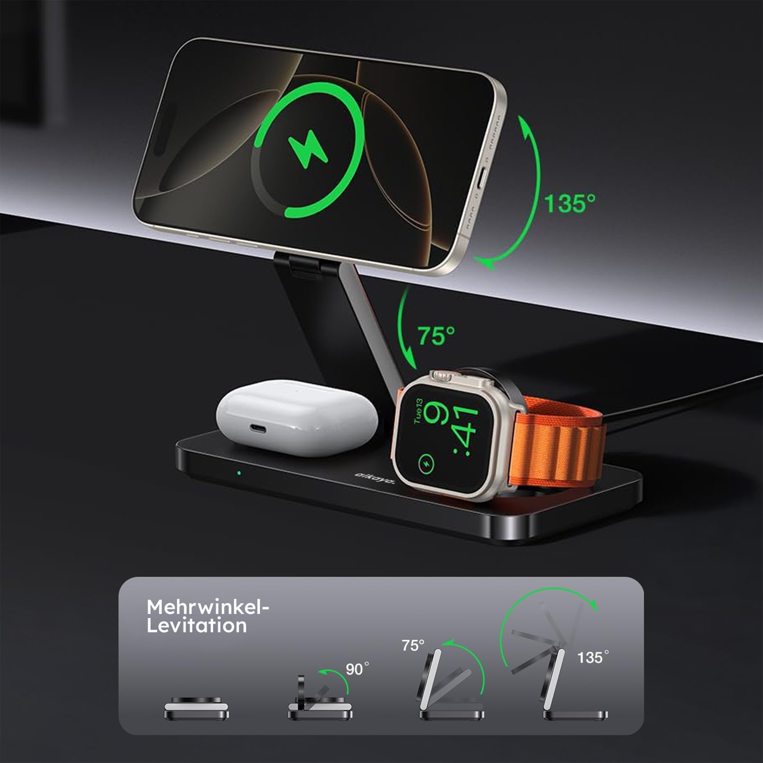 alkaya. | Tripod Wireless Ladestation - 3 in 1 | (Phone, Watch, Headset), Black