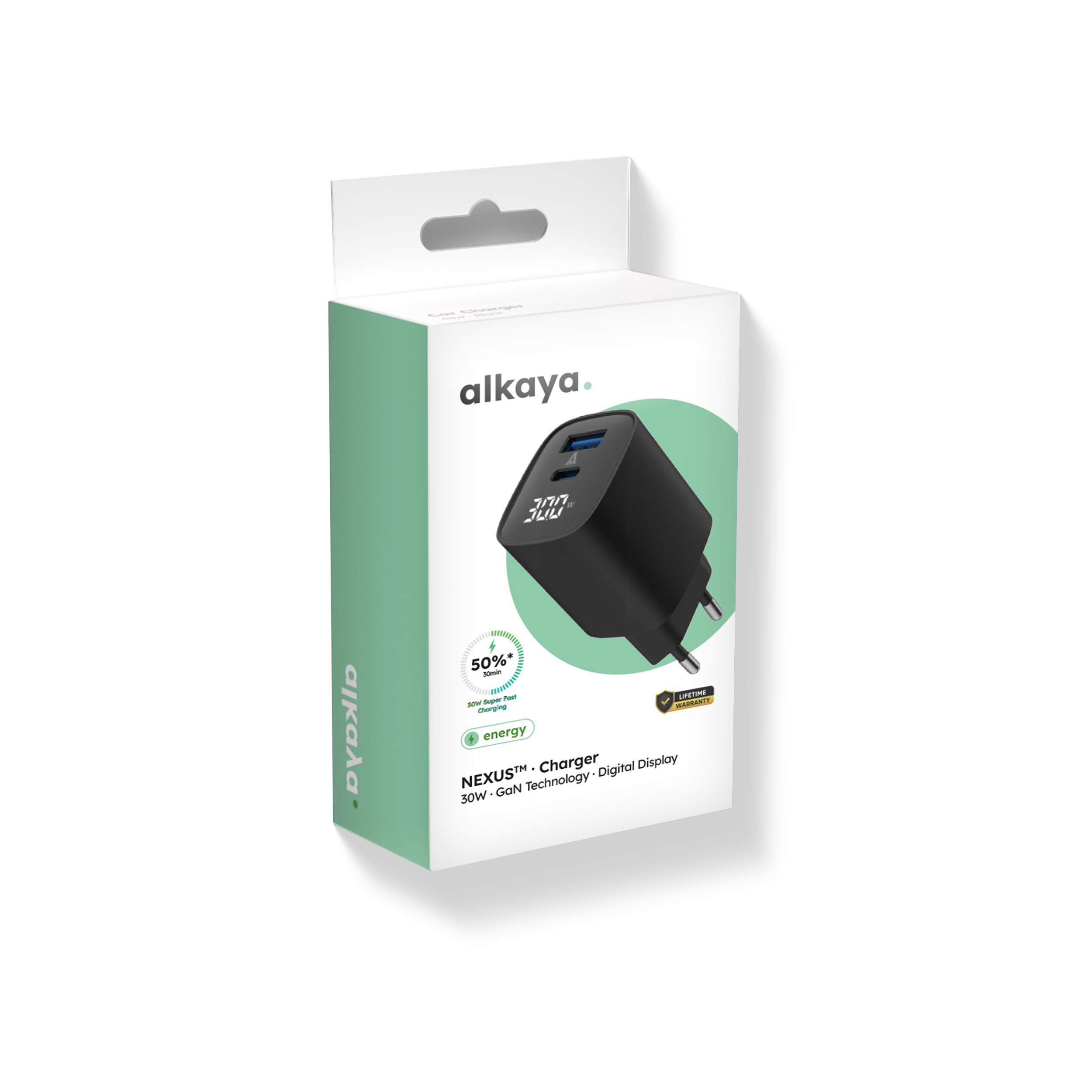 alkaya. | Nexus Charger | 30W. GaNTechnology Digital Display. Black
