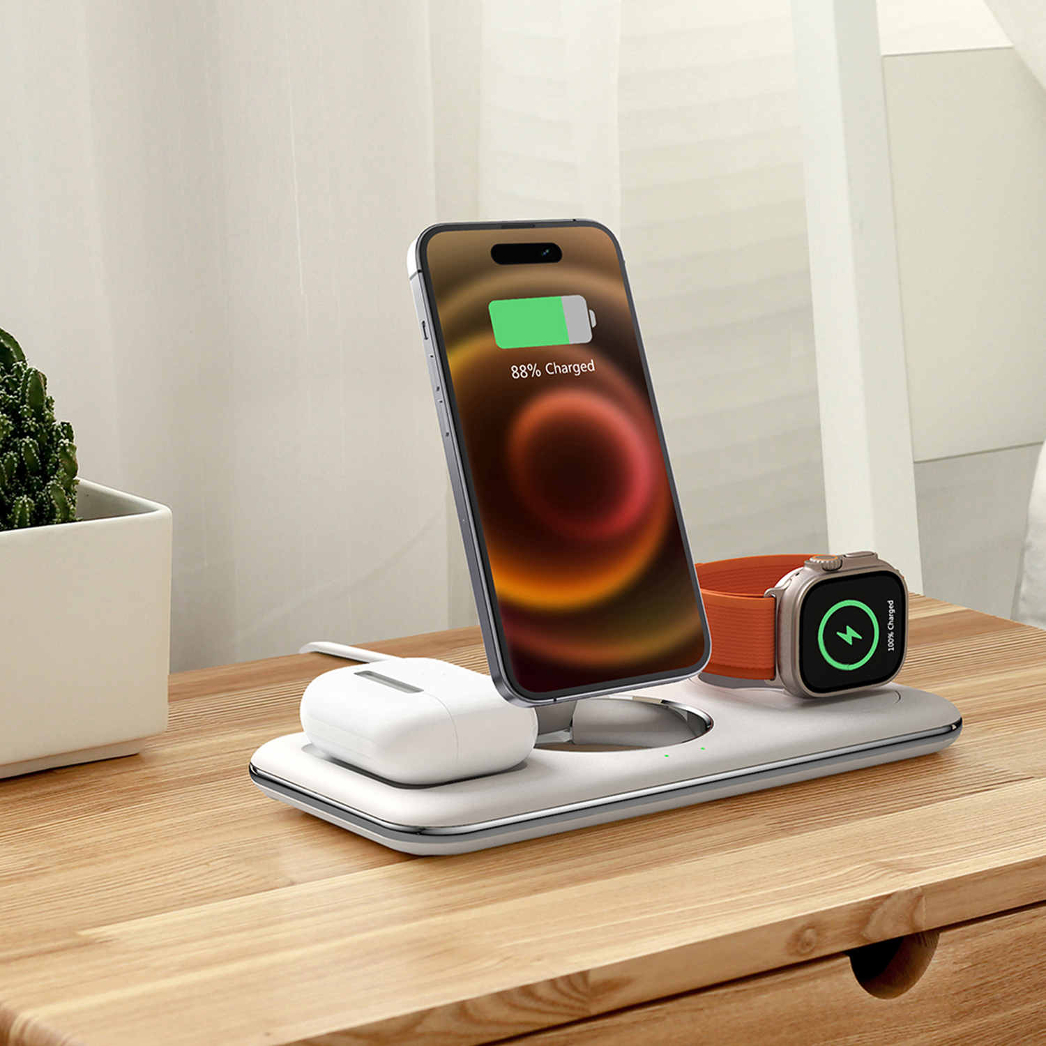 alkaya. | Trifector | 3 in 1 Wireless Ladestation: Handy, Apple Watch und Headset, Kompatibel mit MagSafe-Zubehör, weiß