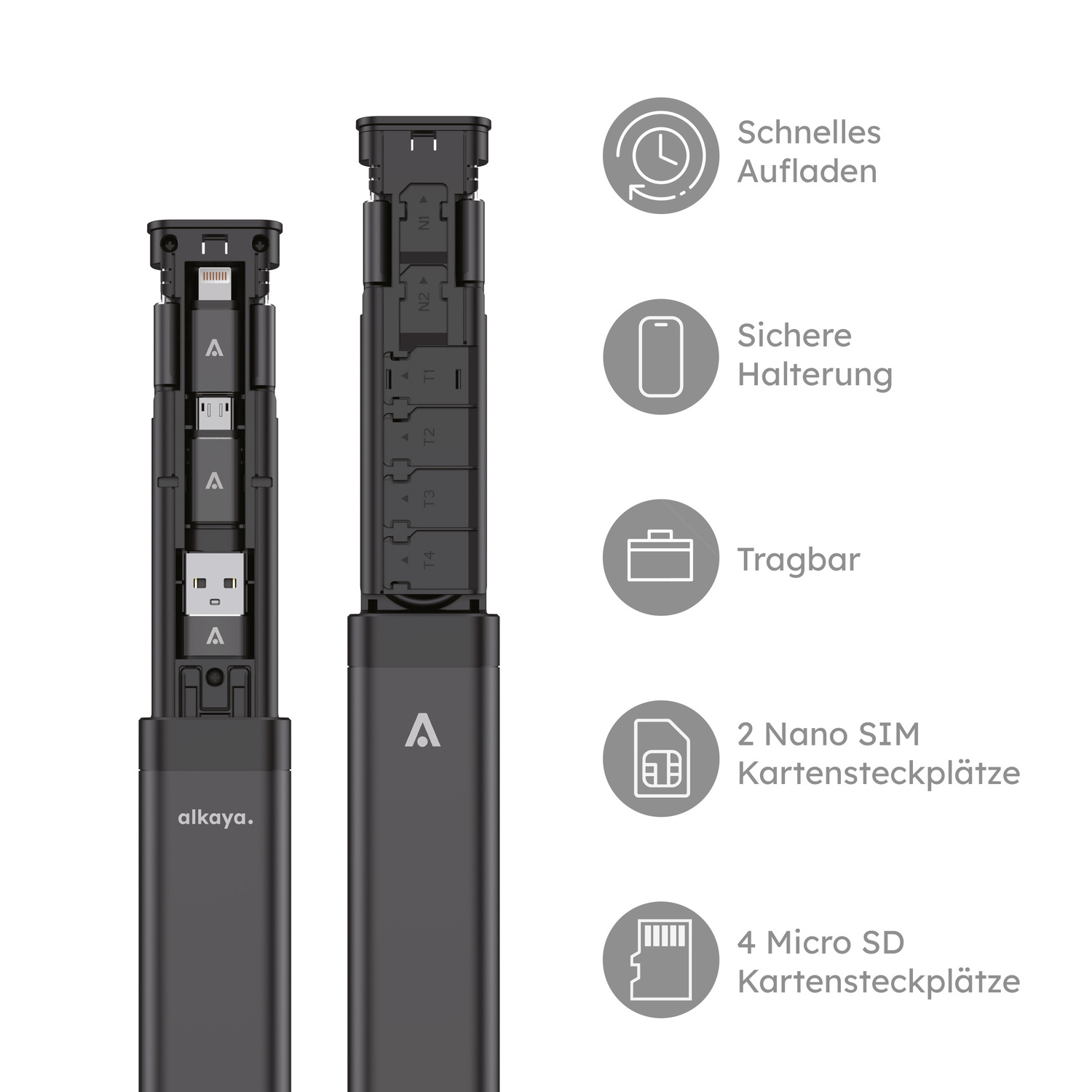 alkaya. | Venture | Travel Kit - Aluminium Gehäuse mit Kabel und Adaptern für alle Anschlüsse inkl Stand