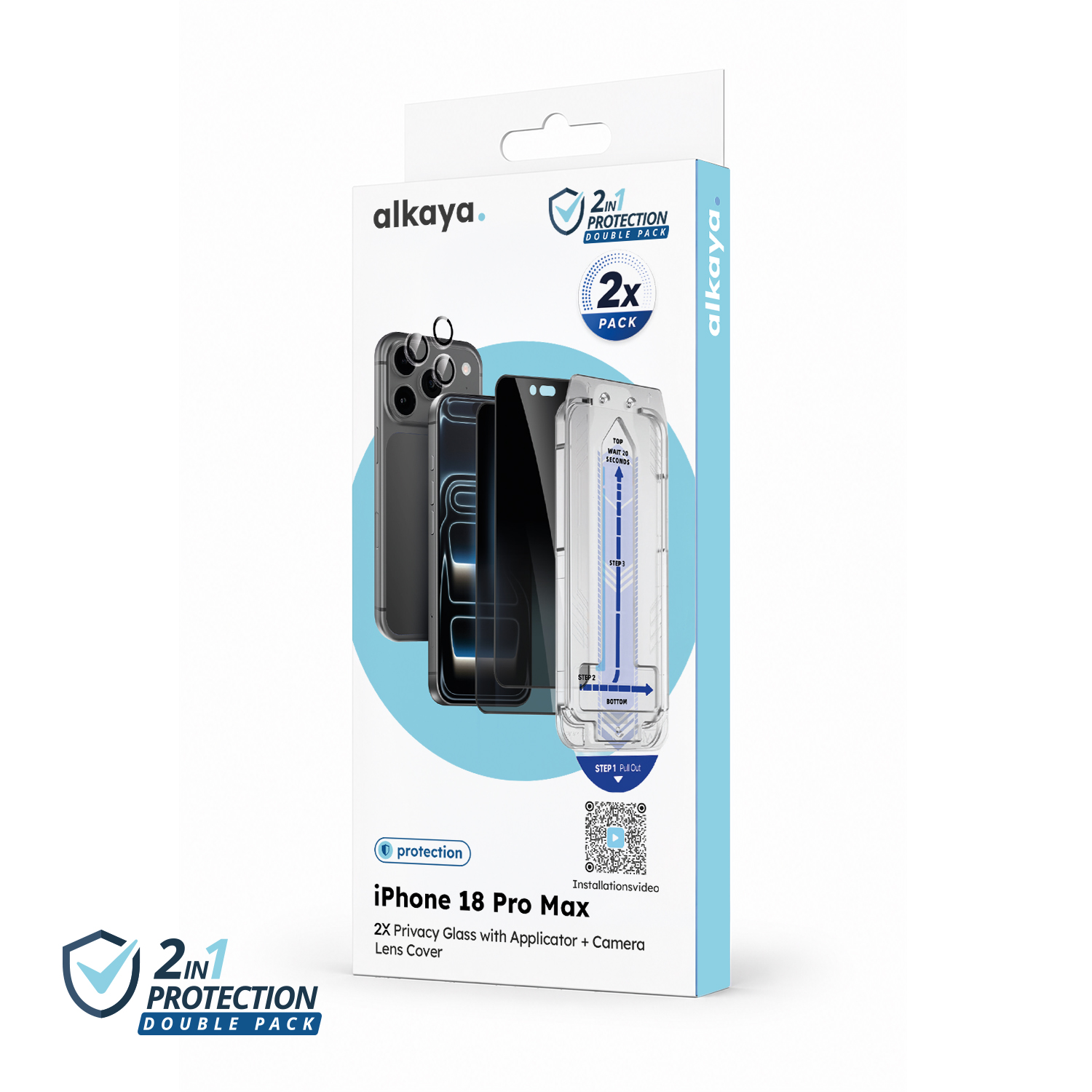 alkaya. | 2 In 1 A Shield | 2x Displayschutzglas mit Installation Kit + 1x Kameraschutzglas, privacy, iPhone 18 Pro Max