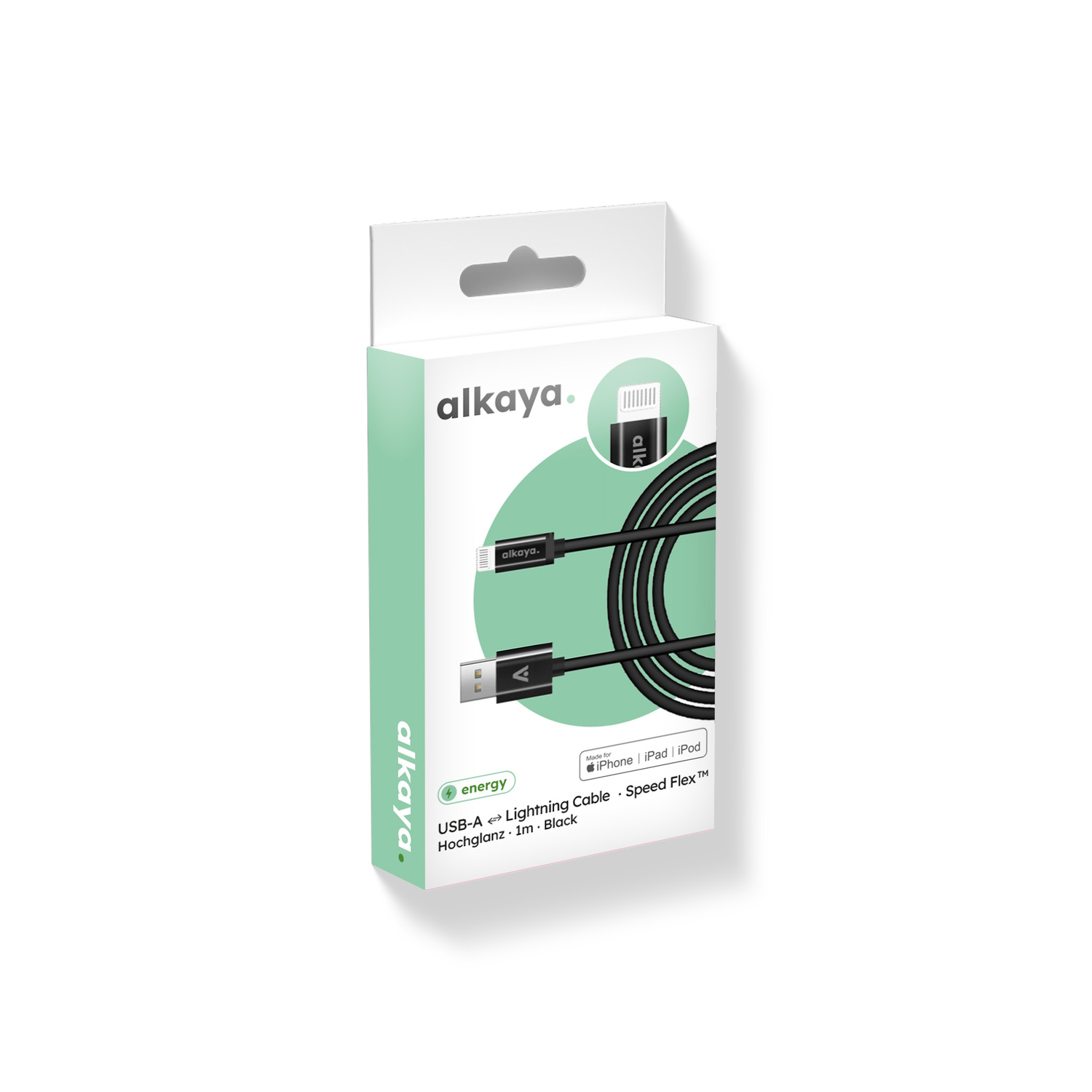 alkaya. | Speed Flex | Datenkabel | Hochglanz | USB A+L Schwarz, 1 Meter