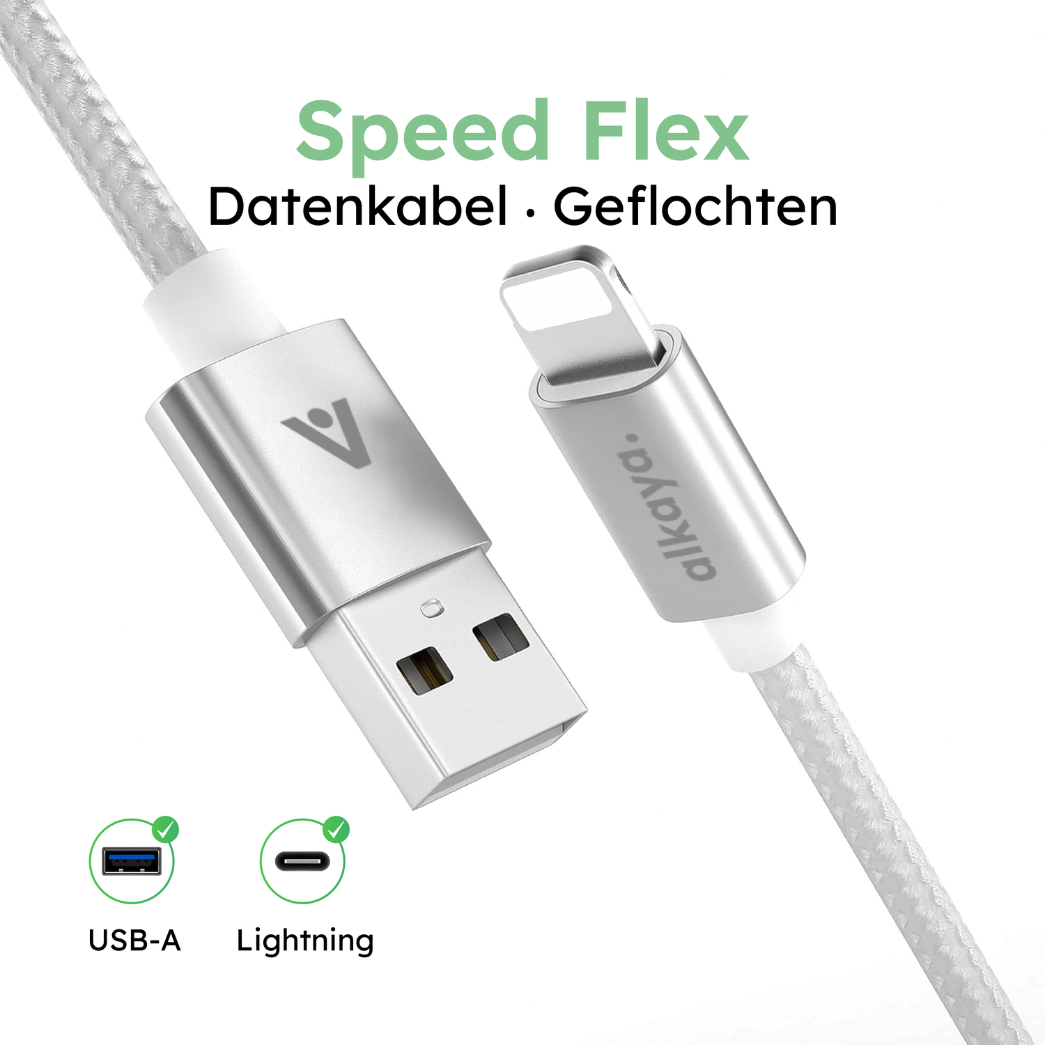 alkaya. | Speed Flex | Datenkabel | Geflochten | USB A+L Weiß, 1 Meter