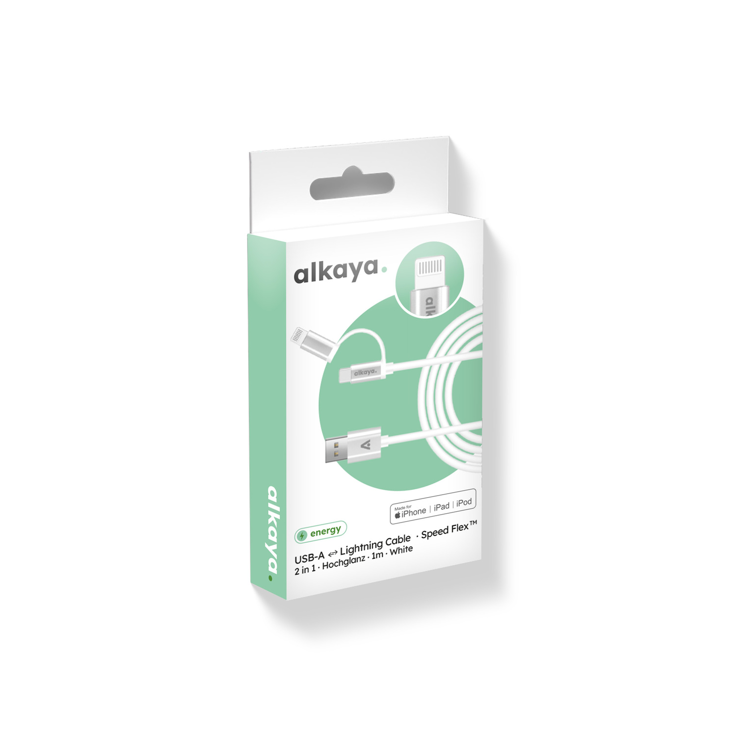 alkaya. | Speed Flex | 2 in 1 Datenkabel | Hochglanz | USB A+C+L Weiß, 1 Meter