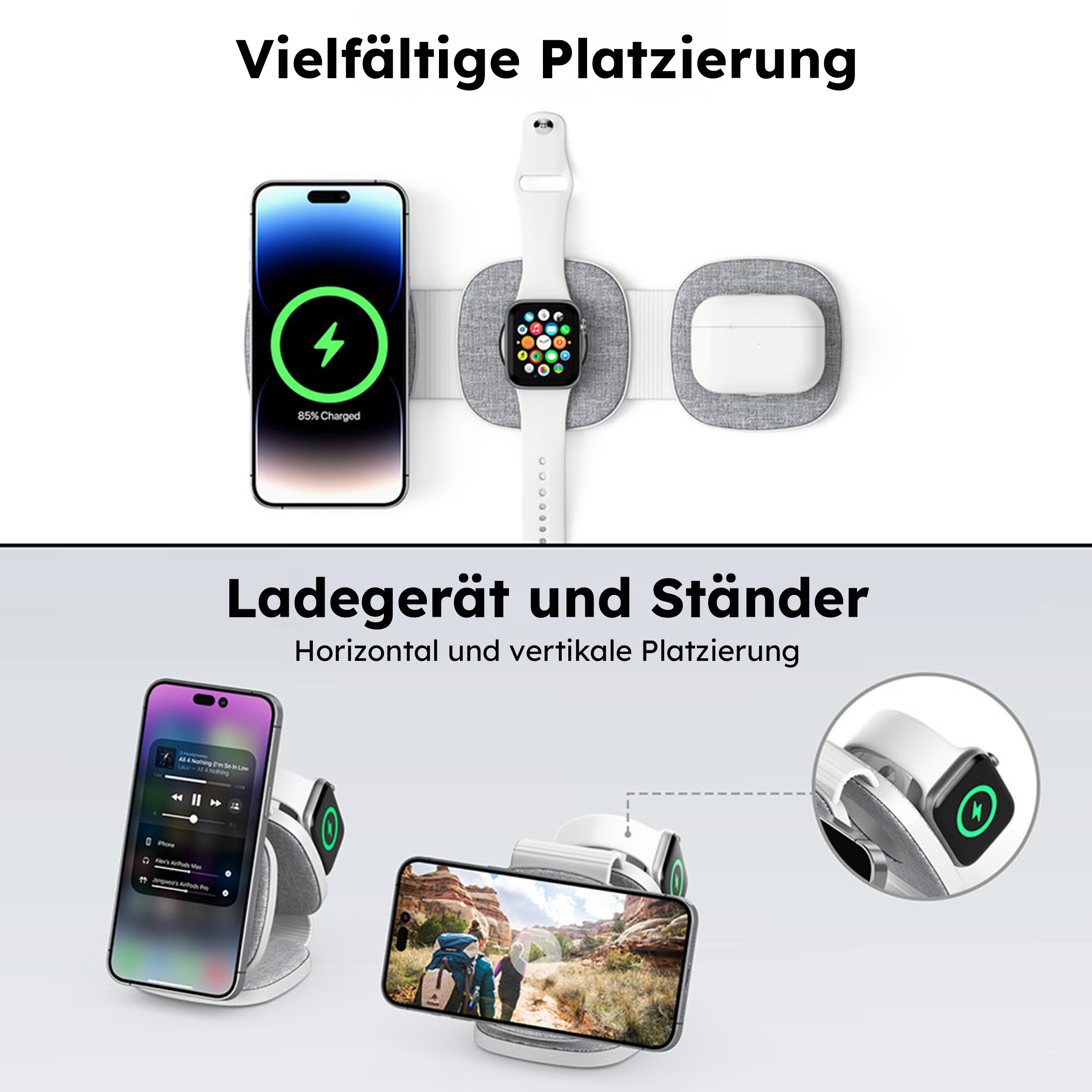alkaya. | Flex Fold 2.0| Trinity charger 3 in 1, Grau Apple Watch und Headset, für MagSafe-Zubehör geeignet