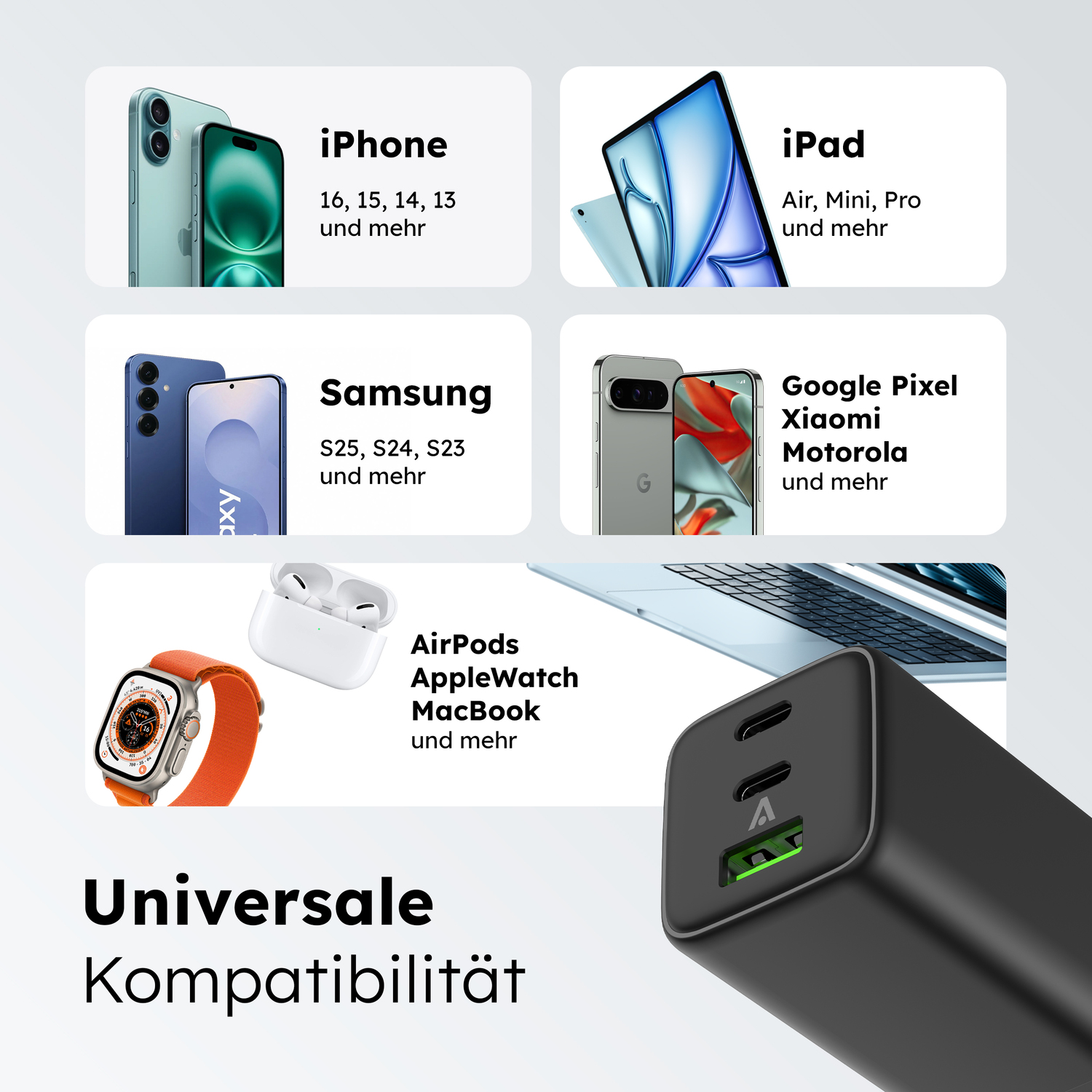 alkaya. | NEXUS | Ladegerät mit GaN Technologie | 65W Schwarz, USB C+C+A