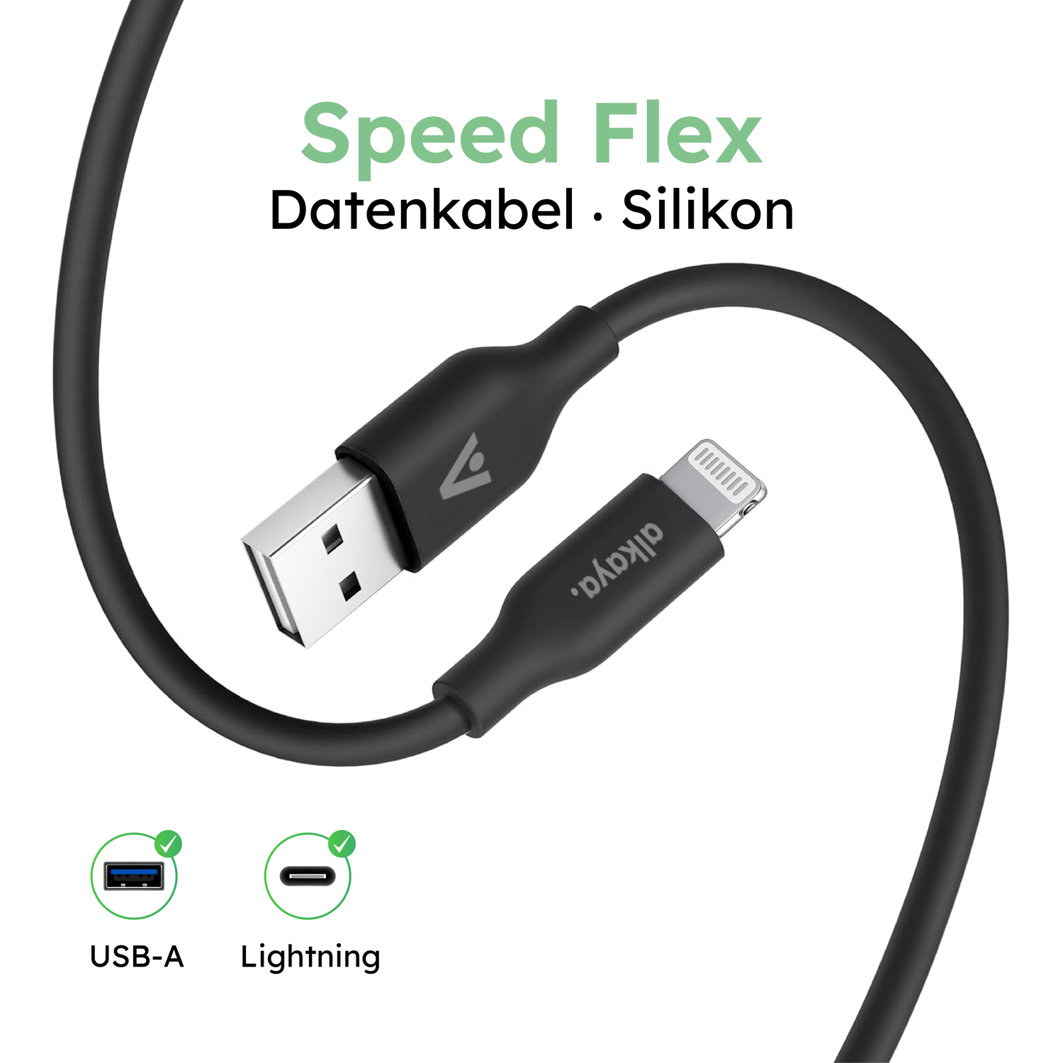 alkaya. | Speed Flex | Datenkabel | Silikon | USB A+L Schwarz, 1 Meter