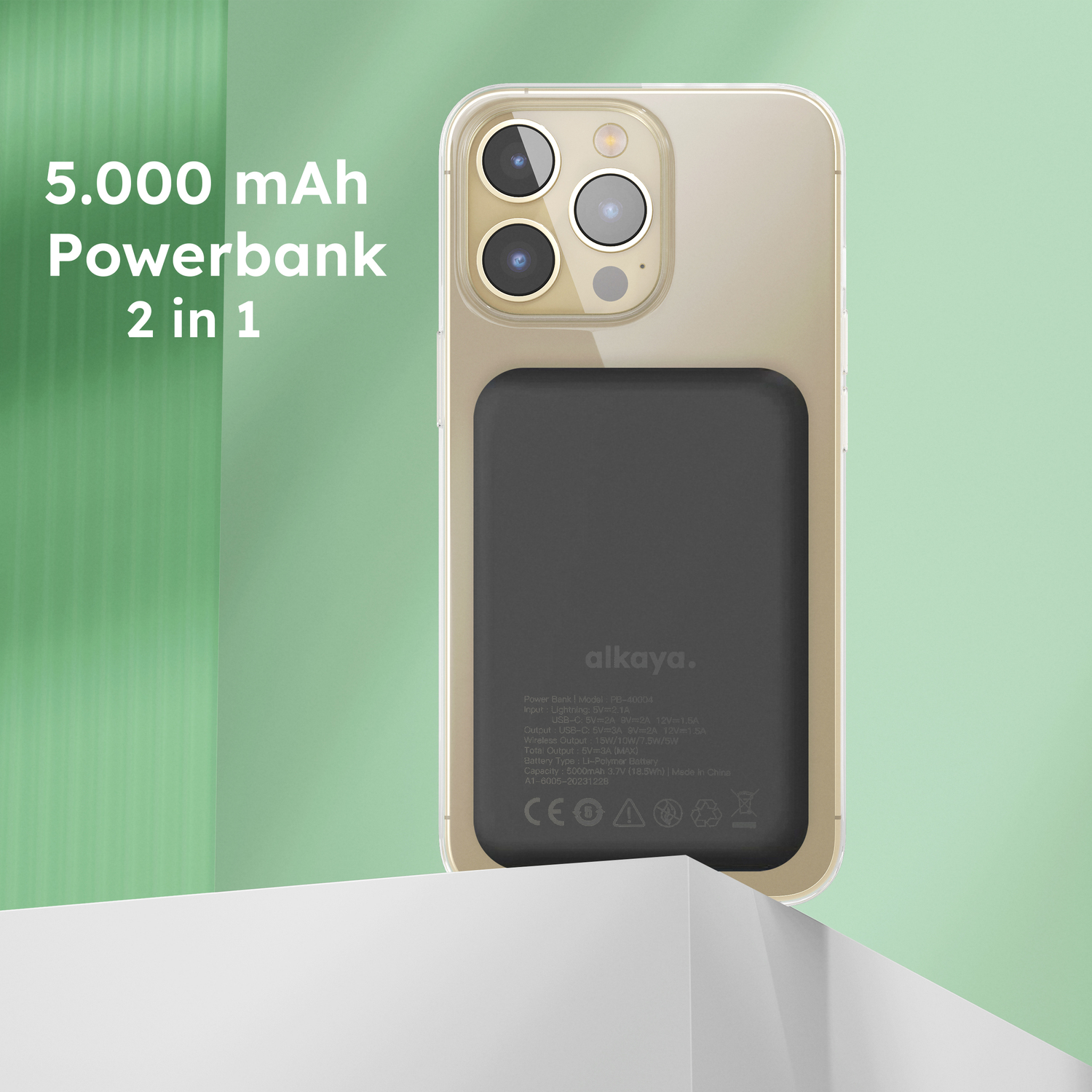 alkaya. | Thor | 5.000 mAh Powerbank Slim | Induktives Laden, unterstützt MagSafe-Technologie + USB-A und USB-C Ports